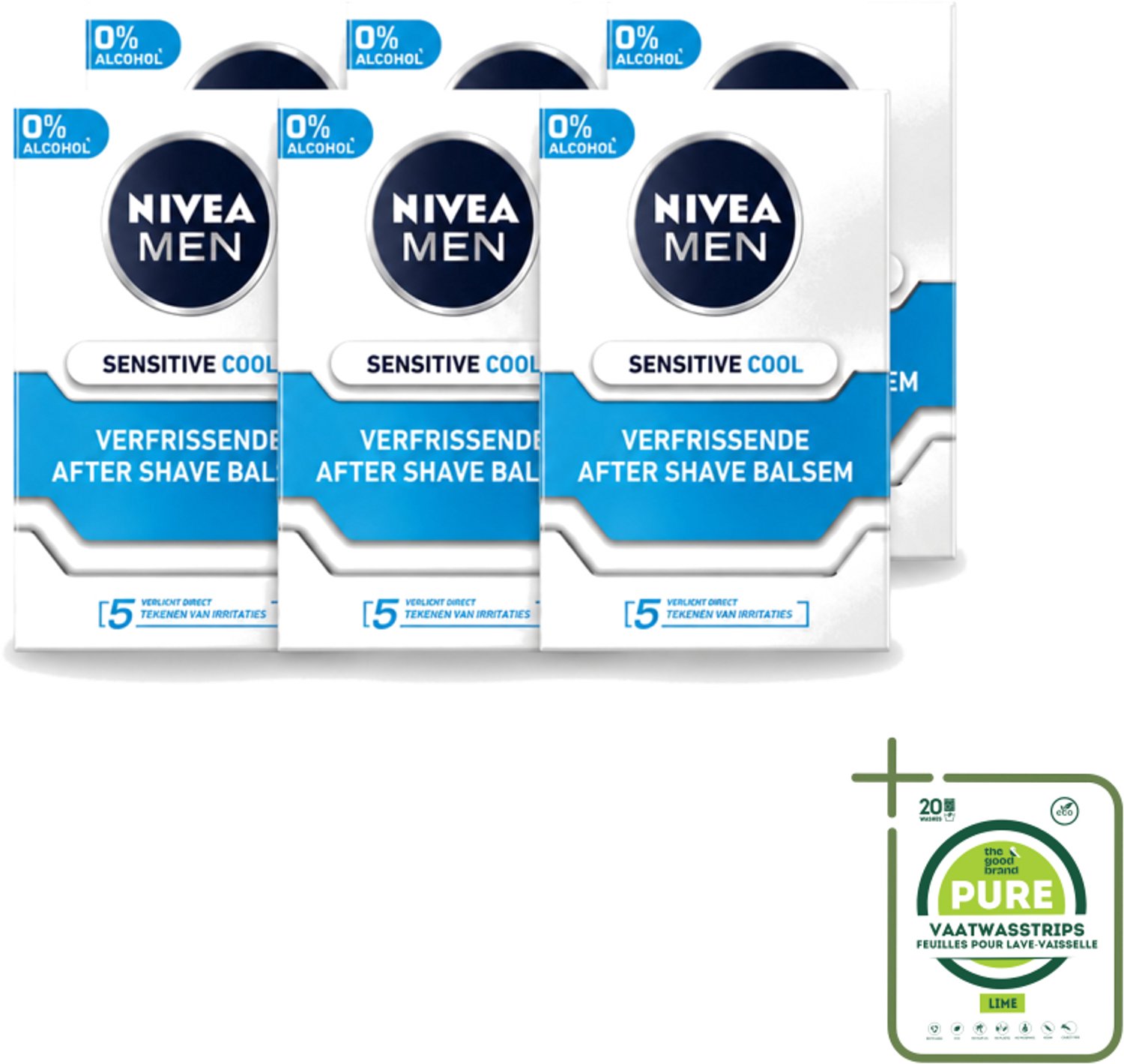 6 x Nivea - Men - Sensitive Cool Aftershave Balsem - Zeewierextract & Kamille - Alcoholvrij - 100 ml - Grootverpakking - Vaatwasstrips - Aftershave Balsem - Alcoholvrij Aftershave - Gevoelige Huid - Scheren Na - Roodheid Verminderen