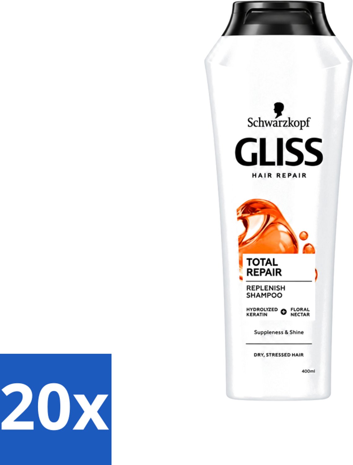 20 x Gliss-Kur - Shampoo - Total Repair - Herstelt & Versterkt - Gehydroliseerd - 400 ml - Voordeelverpakking - 20 stuks
