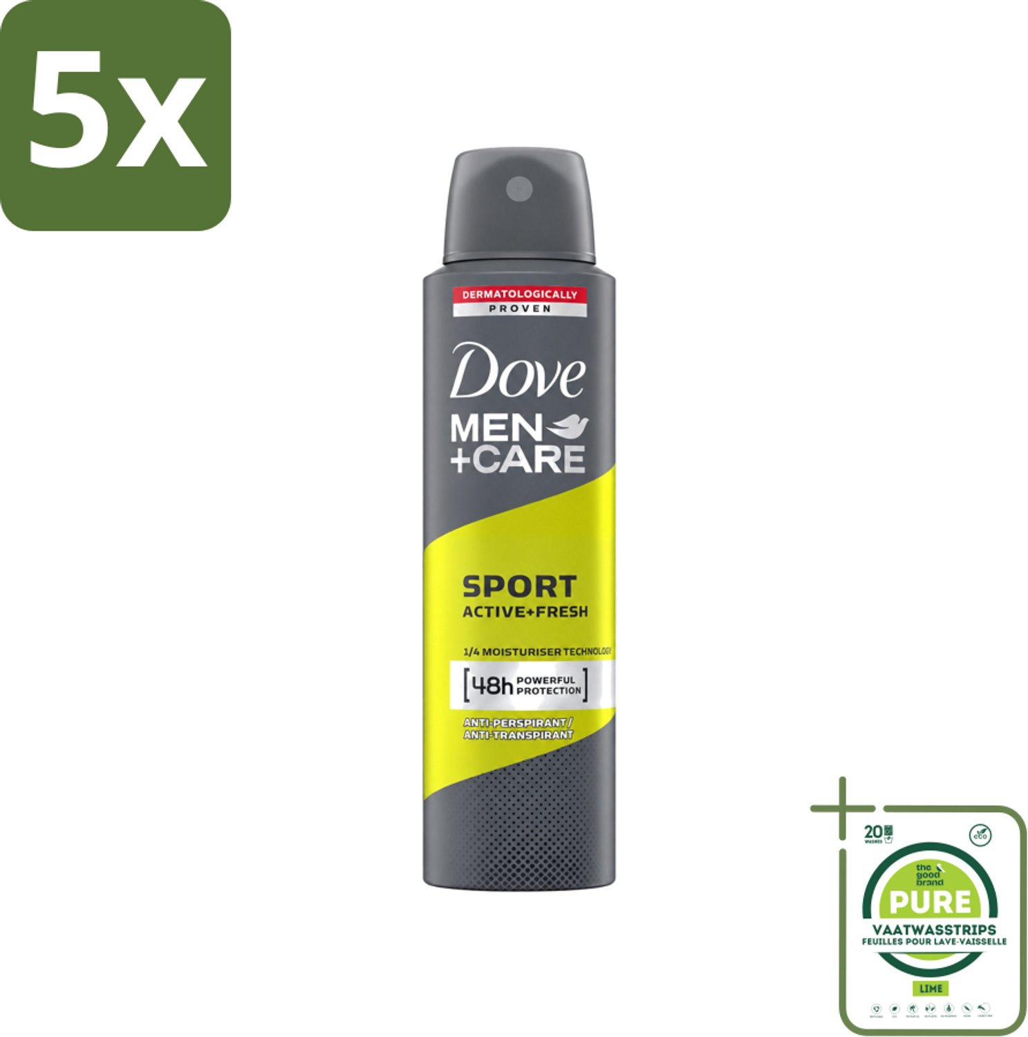 5 x Dove - Deodorant - Men Care Sport Active Fresh - Verfrissend en energiek - 150 ml - Grootverpakking - Vaatwasstrips - Sport Deodorant - Actieve Mannen - Zweetgeur Bestrijding - Frisse Geur - Huidbescherming