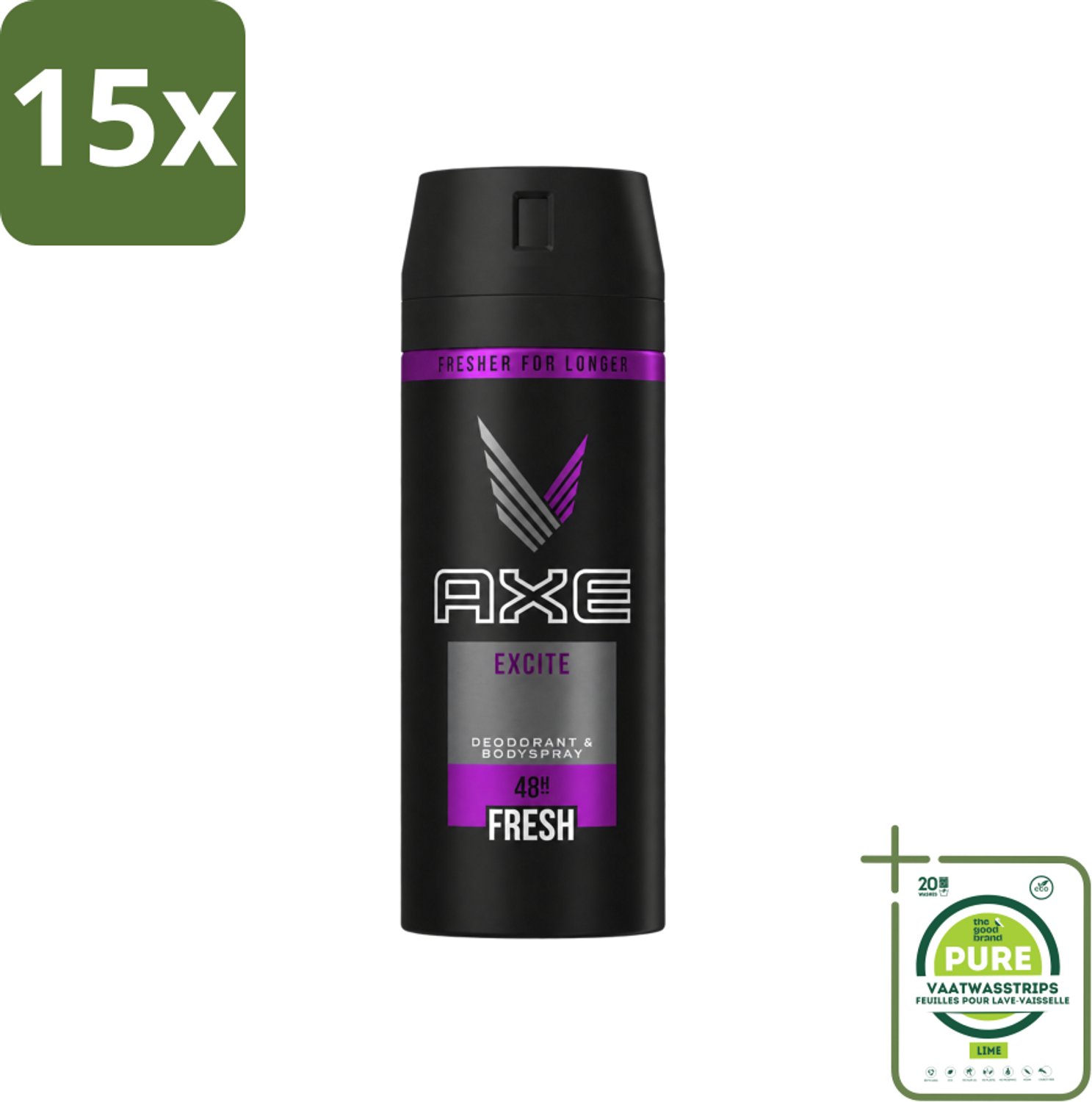15 x Axe - Deodorant Bodyspray - 48hrs Fresh - Excite - 150 ml - Grootverpakking - Vaatwasstrips - Deodorant - Bodyspray - Geur - Lichaamsgeur - Axe Excite
