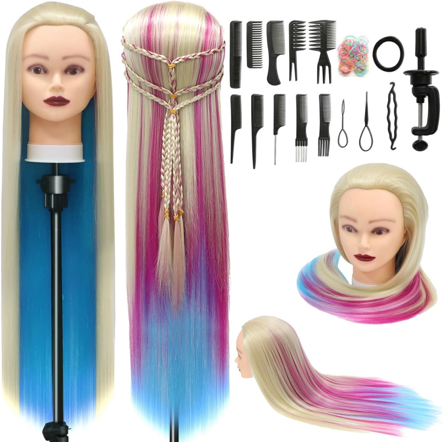 28 inch Kappershoofd 100% Synthetische Vezels Oefenhoofd, Training Hoofd Kappers opleiding hoofd met klem en DIY vlechten Set (Kleurrijk)