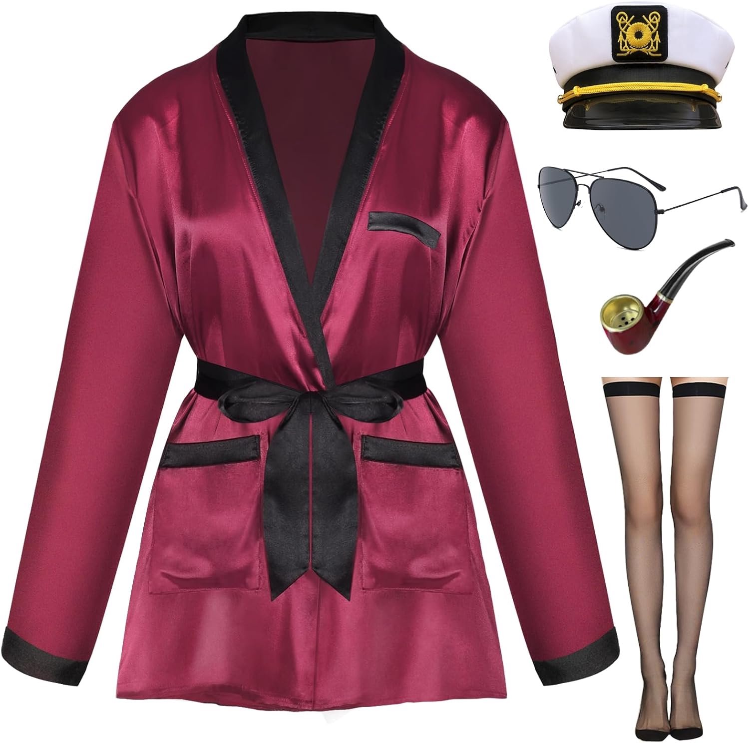 Halloween, kapitein, dames, outfit met rode zijde, jas, sokken, kapiteinhoed, zonnebril, kapitein, volwassenen, kostuums voor Halloween, carnaval, cosplay, feest