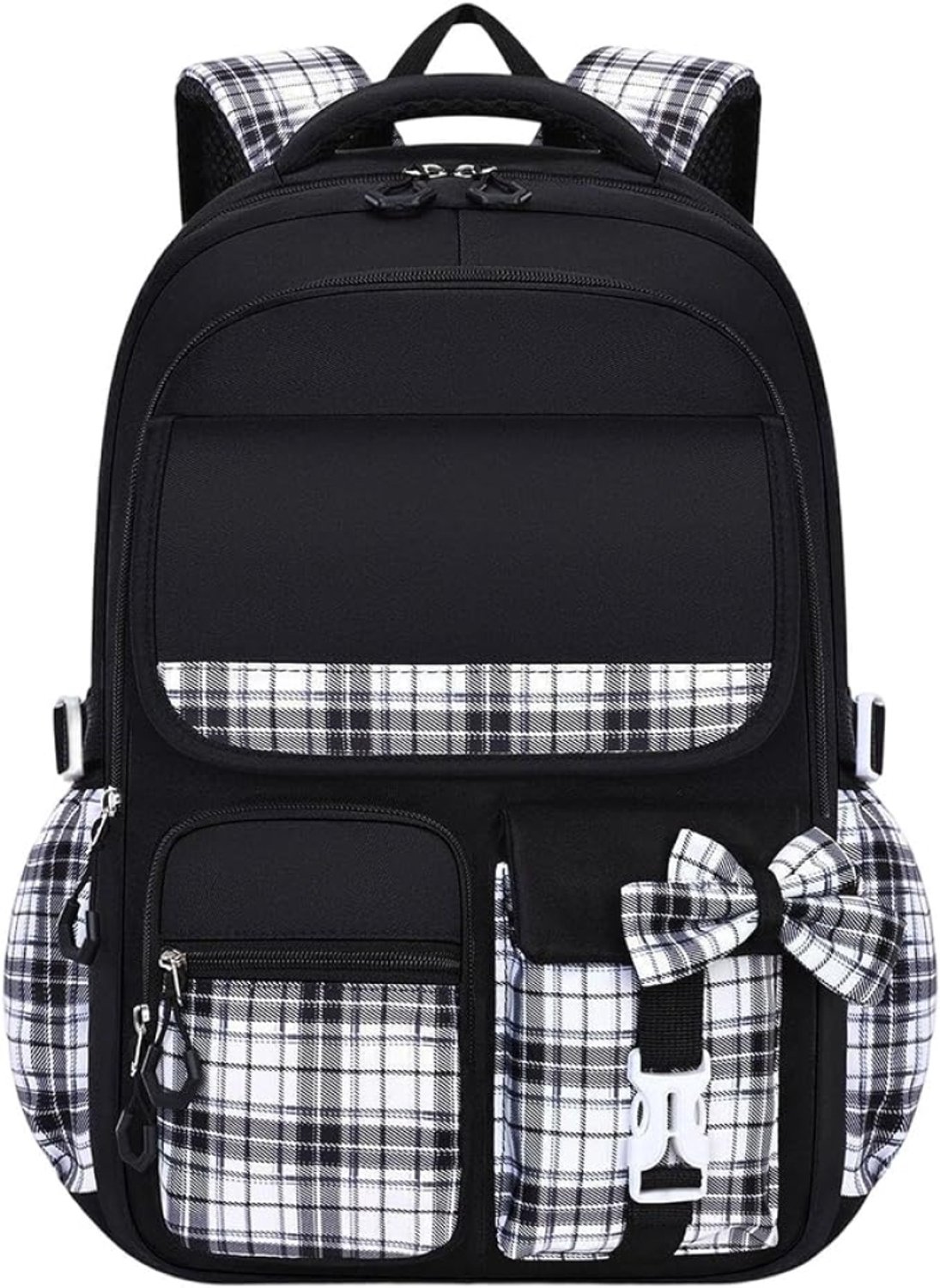 Nazik Living Kinderrugzak Schooltas met Geruit Patroon en Strik - Waterdicht - 15,6 inch Laptopvak - A4 Capaciteit - Zwart
