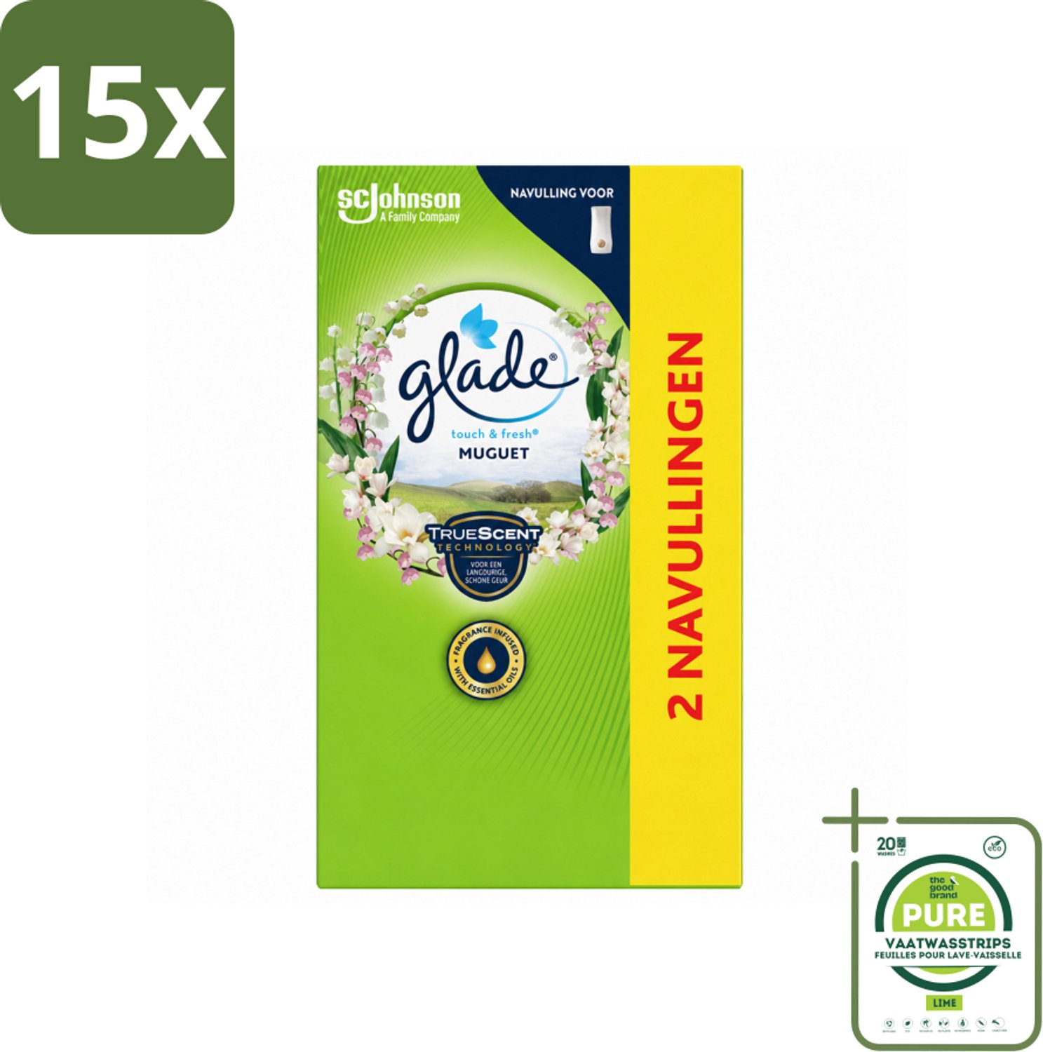 15 x Glade - Touch & Fresh Navulling - Lelietje-van-dalen - 2 × 10 ml - Grootverpakking - Vaatwasstrips - Navulling Muguet - Glade Touch & Fresh - Bloemige Geur - Frisse Geur - Geurverspreiding