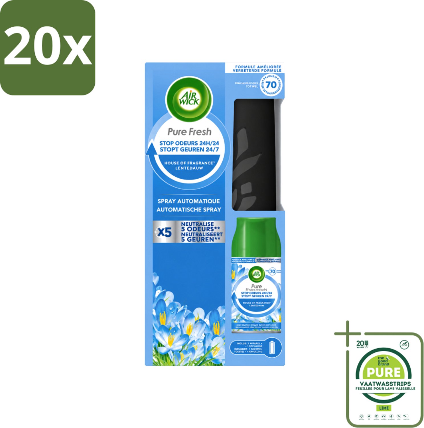 20 x Air Wick - Freshmatic Spray - Starterkit - Pure Fresh Lentedauw - 250 ml - Grootverpakking - Vaatwasstrips - Automatische Geurverneveling - Lentegeur - Frisse Geur - Luchtverfrisser - Geurverspreiding
