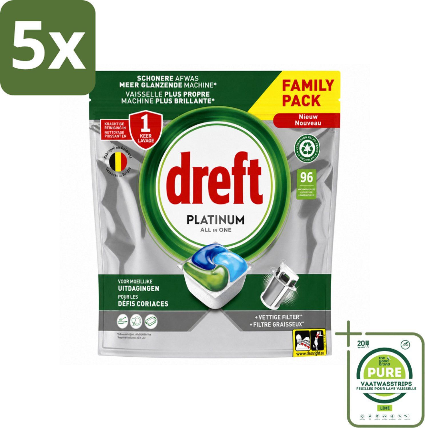 5 x Dreft - Vaatwastabletten - Platinum All-in-One Origineel - Grootverpakking - 96 Tabletten - Grootverpakking - Vaatwasstrips - Vaatwasser - Vaatwasser Tablet - Vaatwasser Reinigen - Vaatwasser Filter - Vaatwasser Vet
