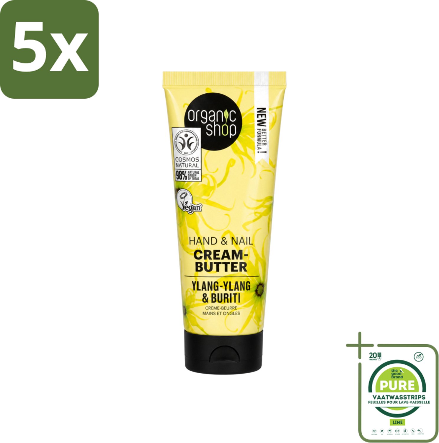 5 x Organic Shop - Ylang-Ylang & Buriti Hand & Nail Cream - Verzachtend en Herstellend - 75 ml - Grootverpakking - Vaatwasstrips - Handcrème - Nagelcrème - Ylang-ylang - Buriti Olie - Natuurlijke Handverzorging