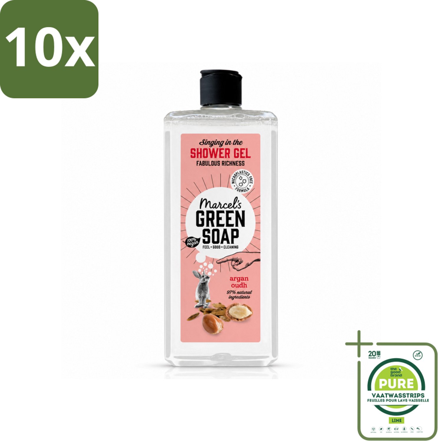 10 x Marcel's Green Soap - Douchegel - Argan & Oudh - Verzorgend & zacht - 300 ml - Grootverpakking - Vaatwasstrips - Douchegel - Argan - Oudh - Natuurlijke Douchegel - Vegan Douchegel