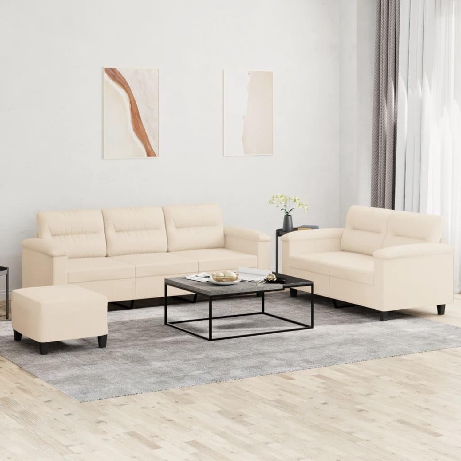 3-delige bankset met kussen, beige, microvezelweefsel, alternatieve bankset inclusief voetenbank voor woonkamer