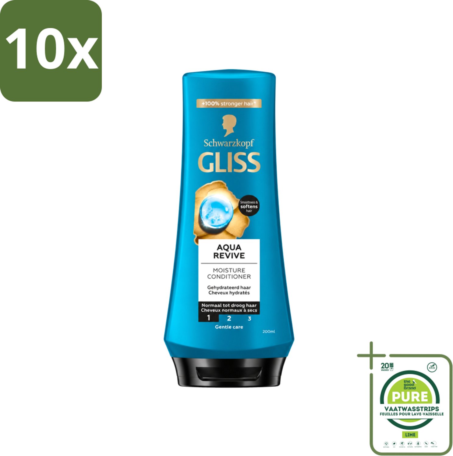 10 x Gliss - Hair Repair - Conditioner Aqua Revive voor Hydraterend en Fris Haar - 200 ml - Grootverpakking - Vaatwasstrips - Haar Hyderatatie - Haar Verfrissend - Haar Hydrateren - Haar Beschadigd - Haar Droog