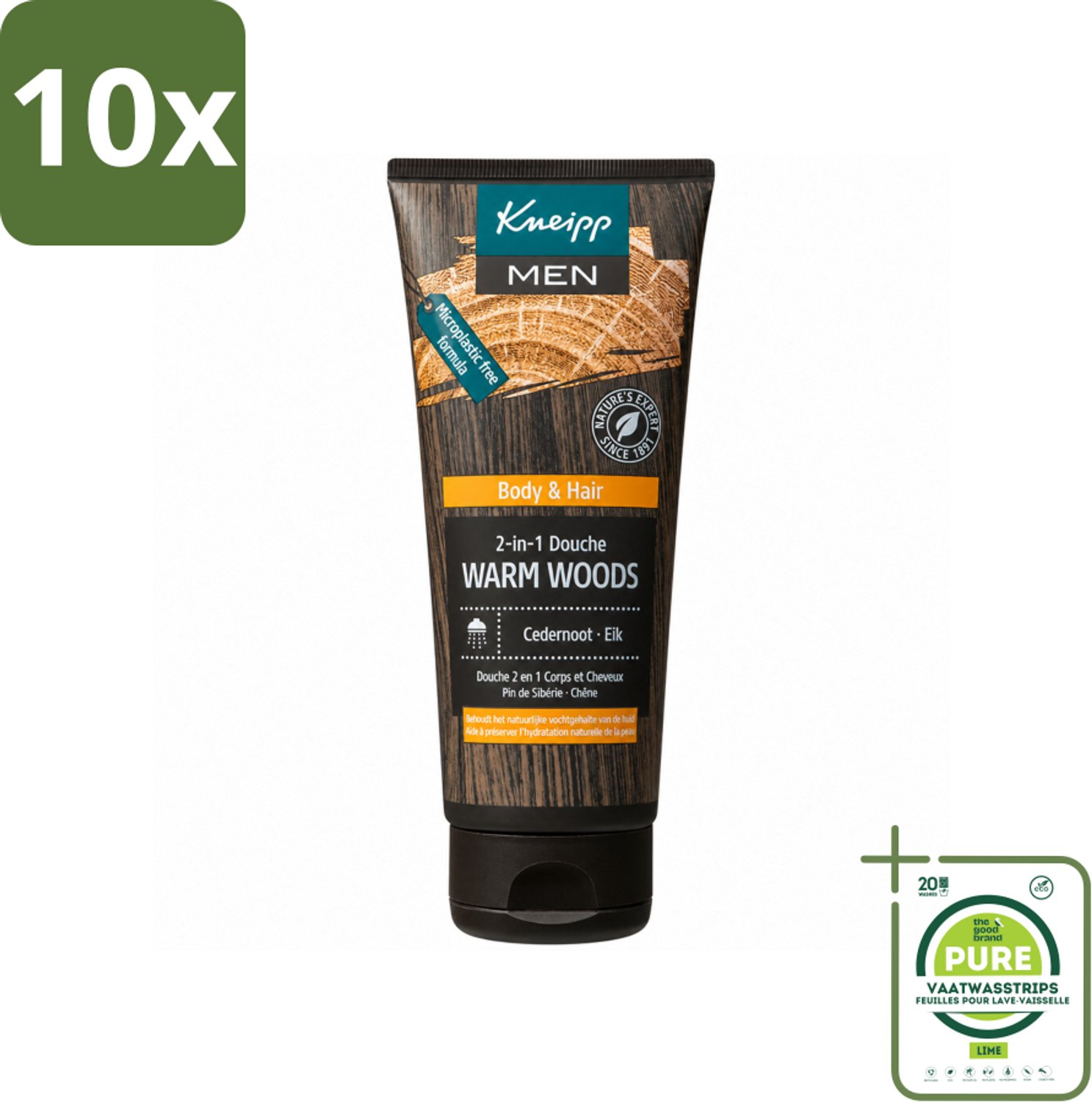 10 x Kneipp - Douchegel - Men - Warm Woods - 2-in-1 - 200 ml - Grootverpakking - Vaatwasstrips - Douchegel Voor Mannen - Natuurlijke Verzorging - Houtige Geur - Huid Verzorging - Haar Verzorging