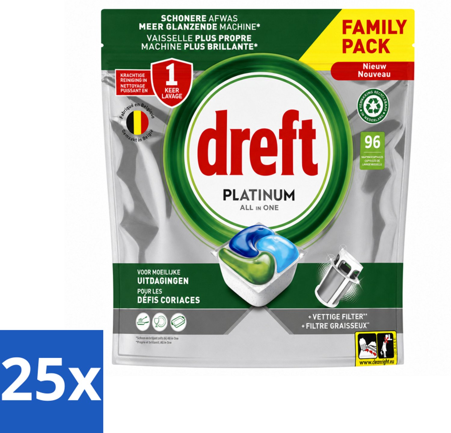 25 x Dreft - Vaatwastabletten - Platinum All-in-One Origineel - Grootverpakking - 96 Tabletten - Voordeelverpakking - 25 stuks