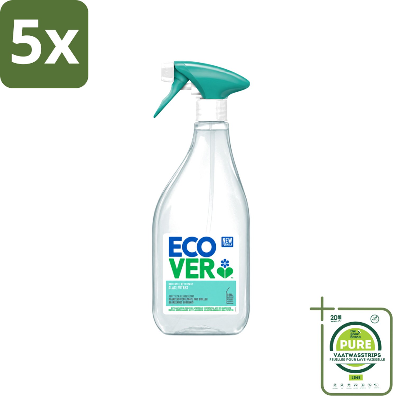 5 x Ecover - Glasreiniger Spray - 500 ml - Grootverpakking - Vaatwasstrips - Glas Reinigen - Glas Reiniger - Glas Schoonmaken - Glas Spiegel Reinigen - Plantaardige Reiniger