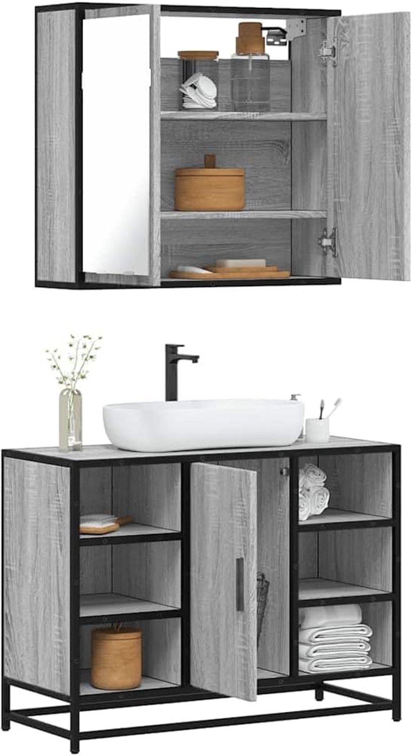 2-delige badkamermeubelset, grijs, Sonoma houtmateriaal met wastafelonderkast en spiegelkast voor wandmontage, opbergoplossing, industrieel design