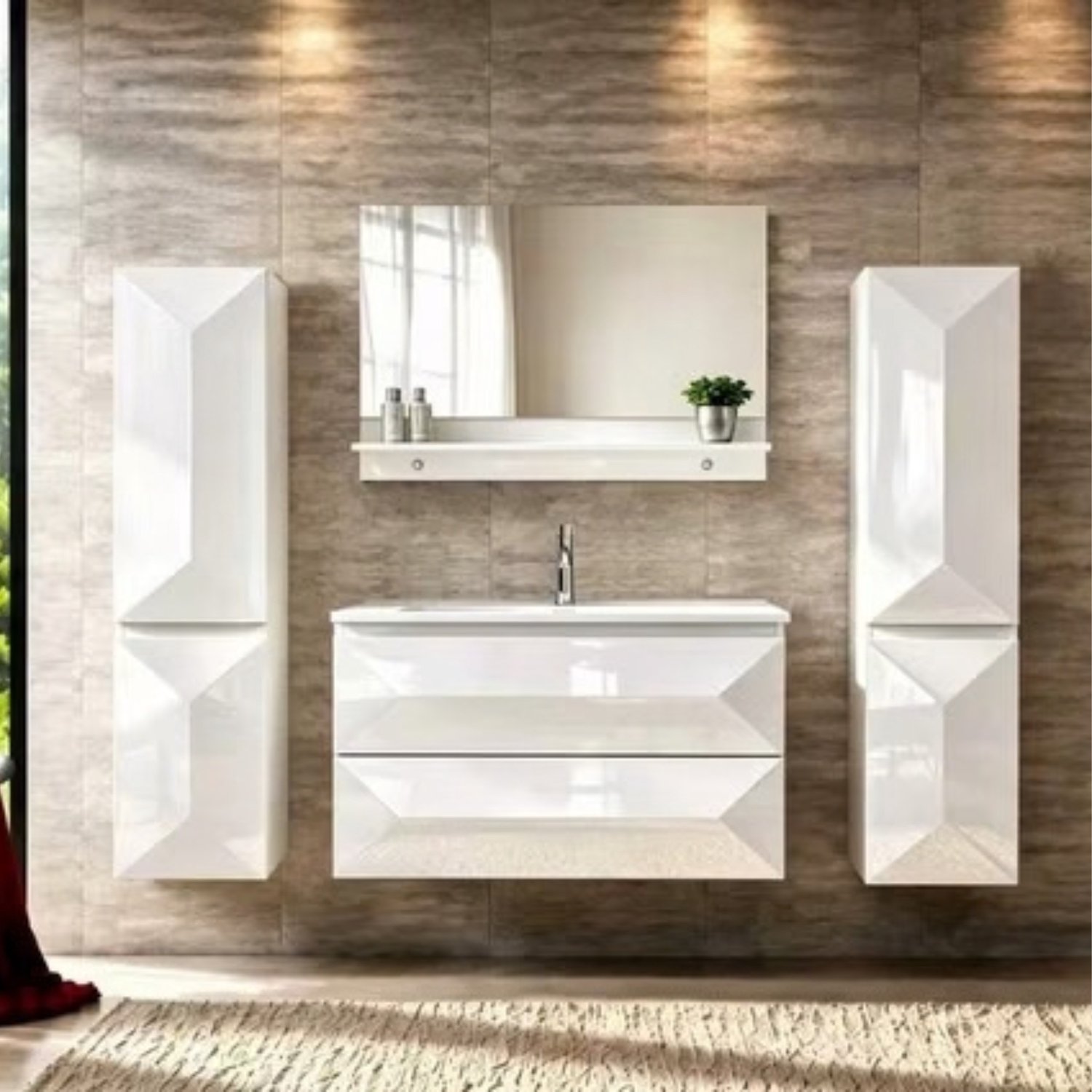 Faizee Home Miran Badkamermeubelset 90 cm Wit Hoogglans met keramische wastafel, spiegel en Soft-Close