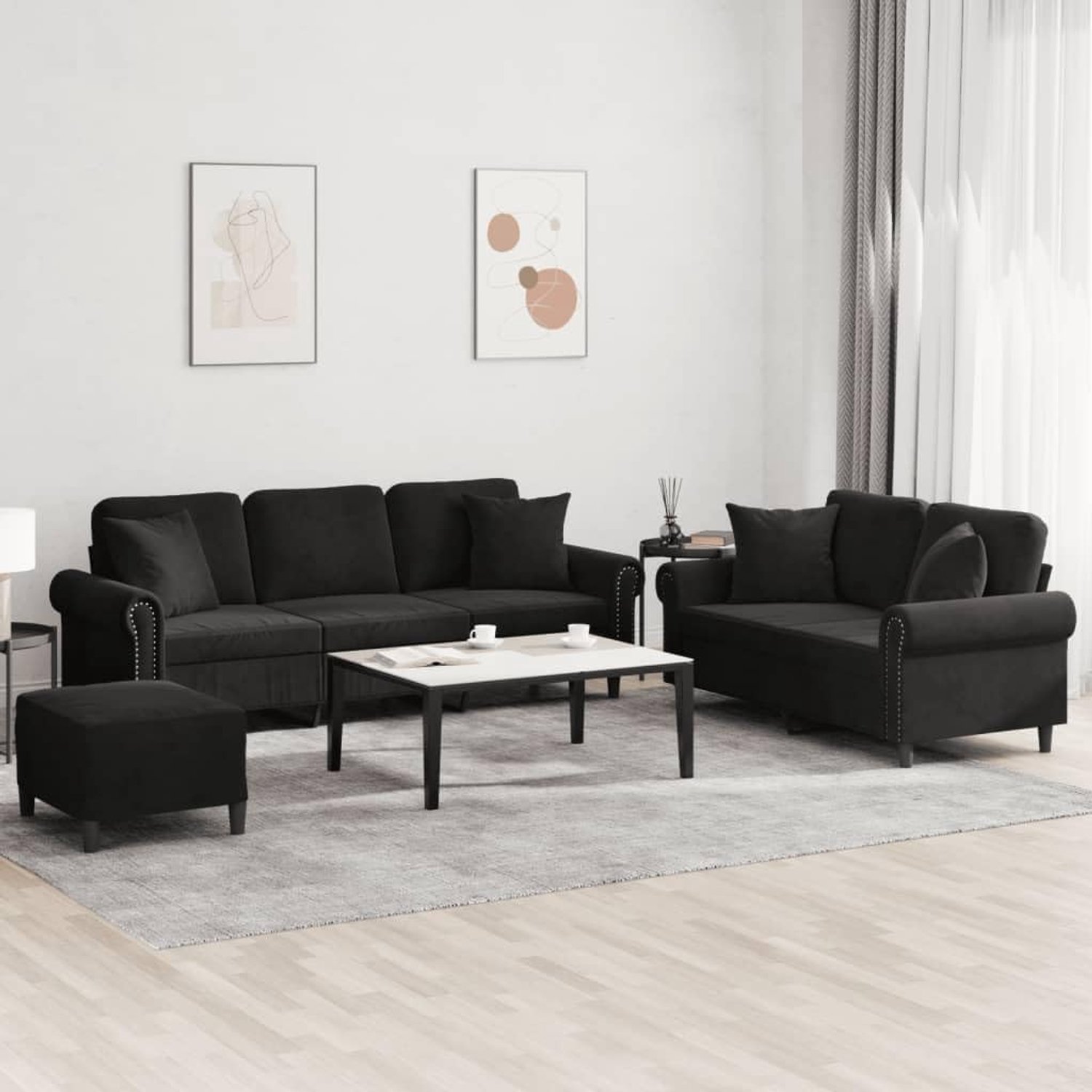 3-delige bankstel met kussen, zwart fluweel, zachte fluwelen sofa met robuust frame, comfortabele zitmeubelen met gevoerde oppervlakken en praktische kruk, veelzijdig
