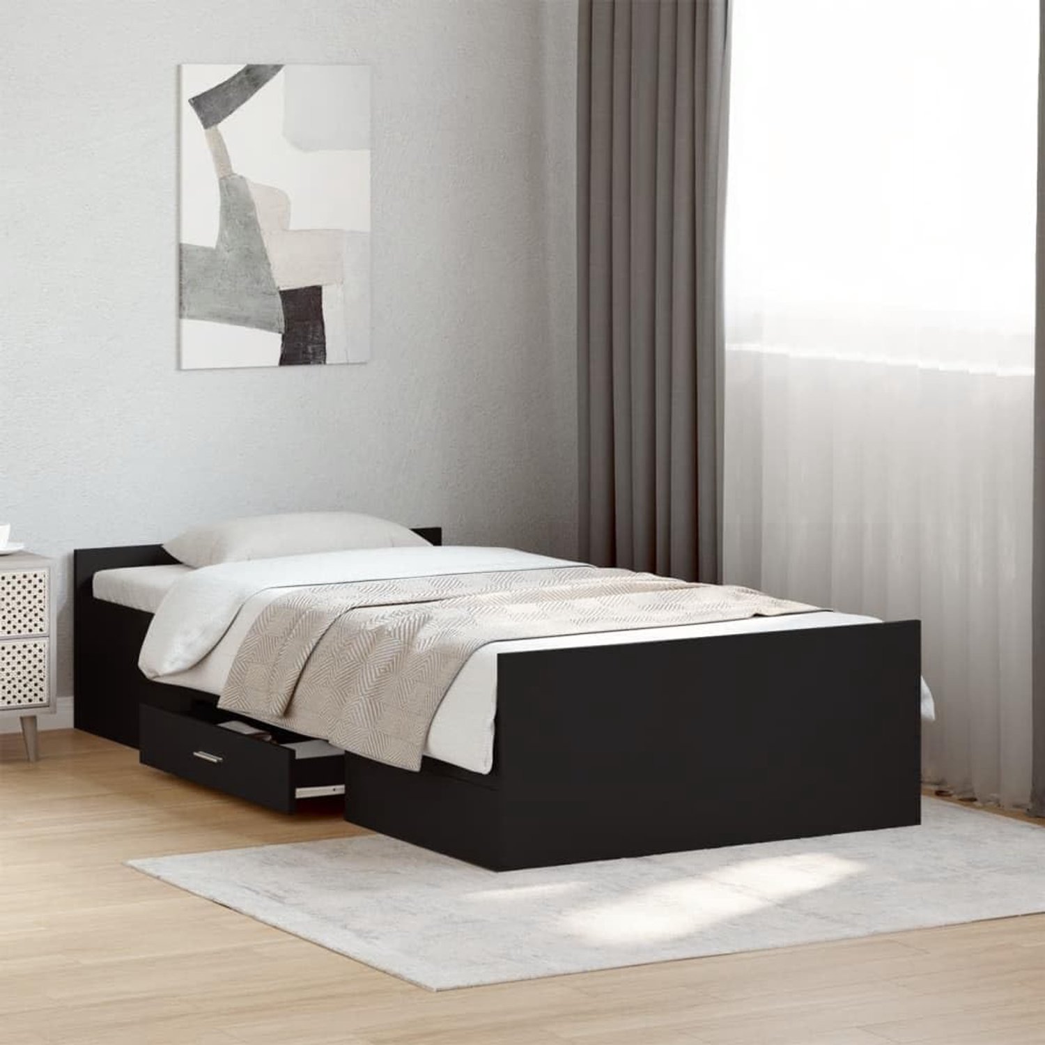 Bedframe met schuifladen, zwart, 75 x 190 cm, houtmateriaal, lattenbodem, opbergruimte, modern slaapkamermeubel