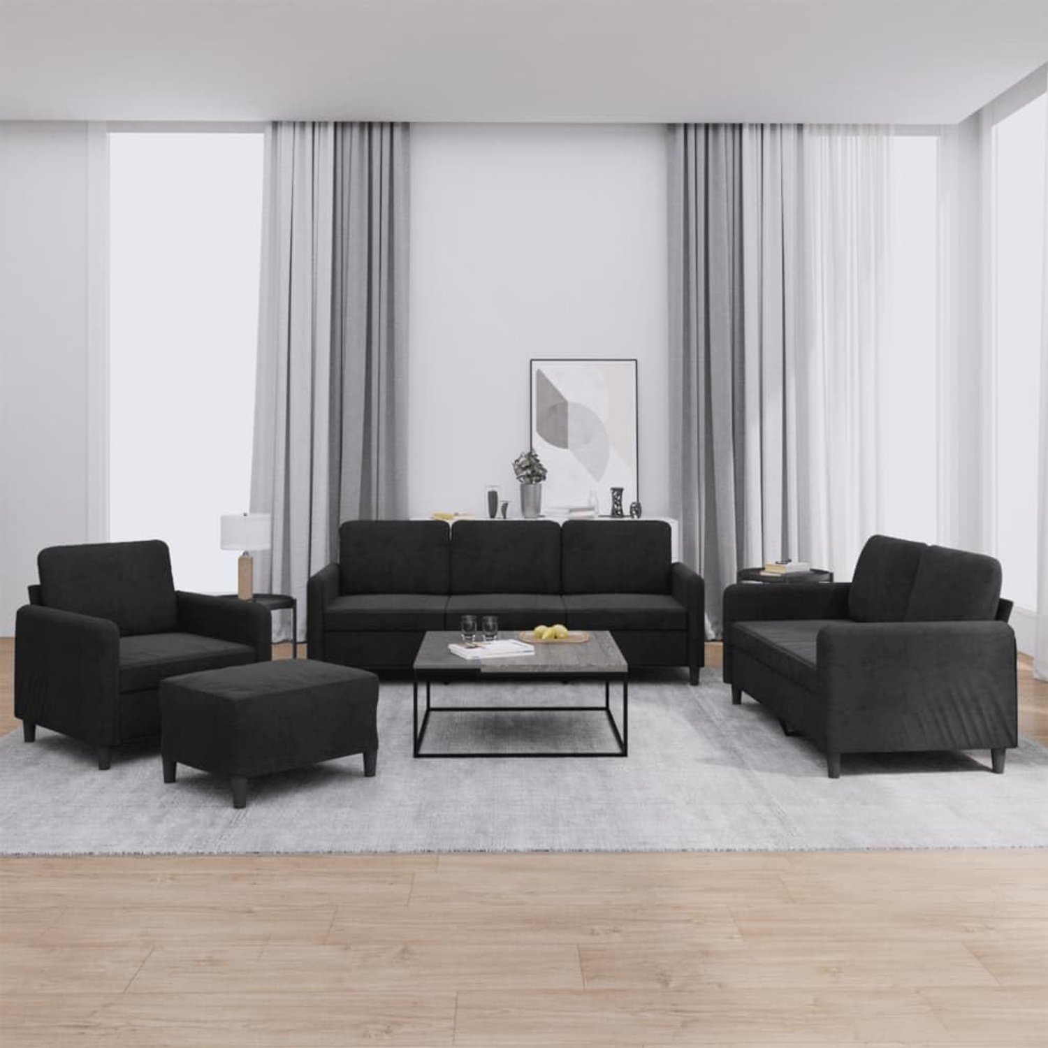 4-delig bankstel zwart fluweel met comfortabele bekleding en robuust frame voor woonkamer sofa set