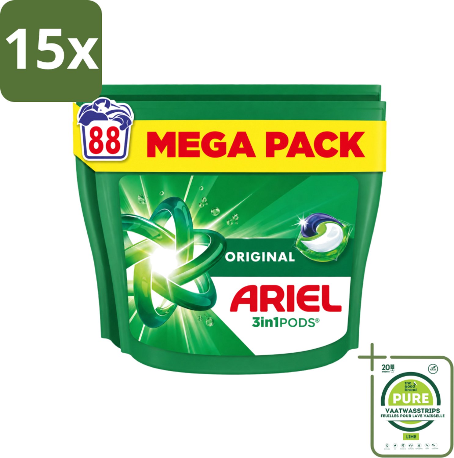 15 x Ariel - 3in1 Wasmiddel Pods - Original - 88 Pods - Grootverpakking - Vaatwasstrips - Wasmiddel Pod - 3 In 1 Wasmiddel - Koud Water Wasmiddel - Vlekverwijdering - Frisse Geur