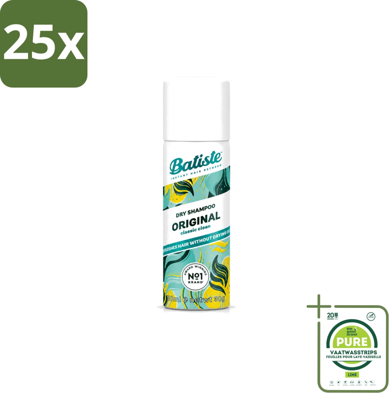 25 x Batiste - Classic Clean - Droogshampoo - Koele en Schone Geur - Verfrist en Geeft Grip - 50ml - Grootverpakking - Vaatwasstrips - Fris Haar - Droogshampoo - Haarkleur - Haartype - Haarspray