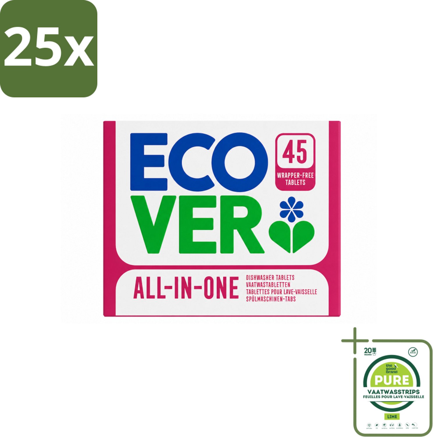 25 x Ecover - Vaatwastabletten All-in-One - Lemon & Mandarin - 45 Tabs - Grootverpakking - Vaatwasstrips - Vaatwasmiddel - Vaatwastablet - Citroen - Mandarijn - Duurzaam