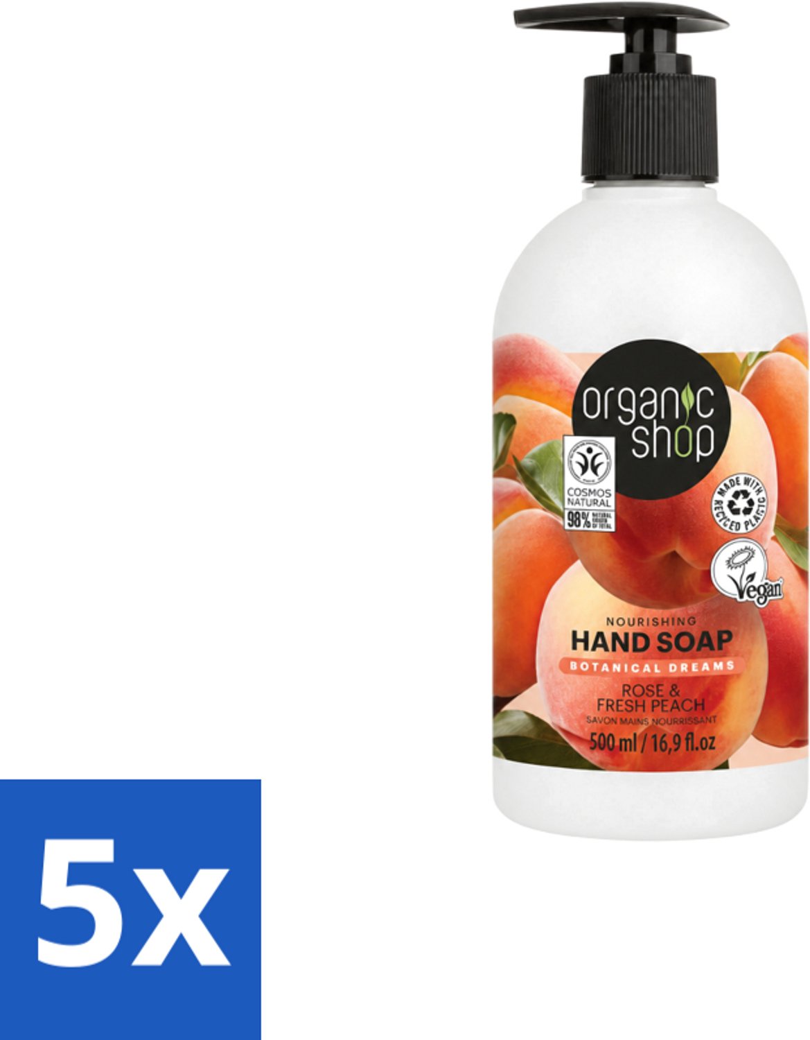 5 x Organic Shop - Handzeep Rose & Peach - Verzorgend en Hydraterend - 500 ml - Voordeelverpakking - 5 stuks