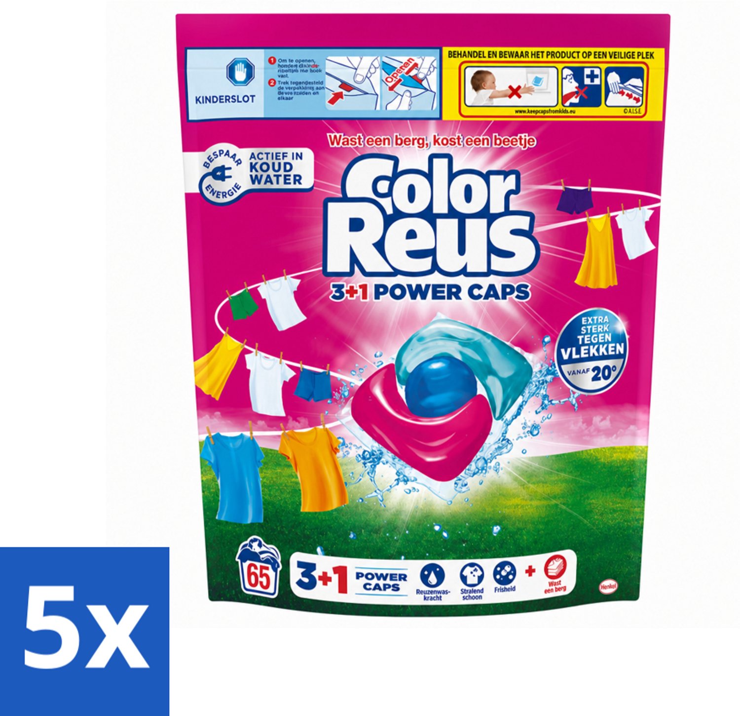 5 x Color Reus - 3+1 Power Caps - Gekleurde Was - 65 Wasbeurten - Voordeelverpakking - 5 stuks