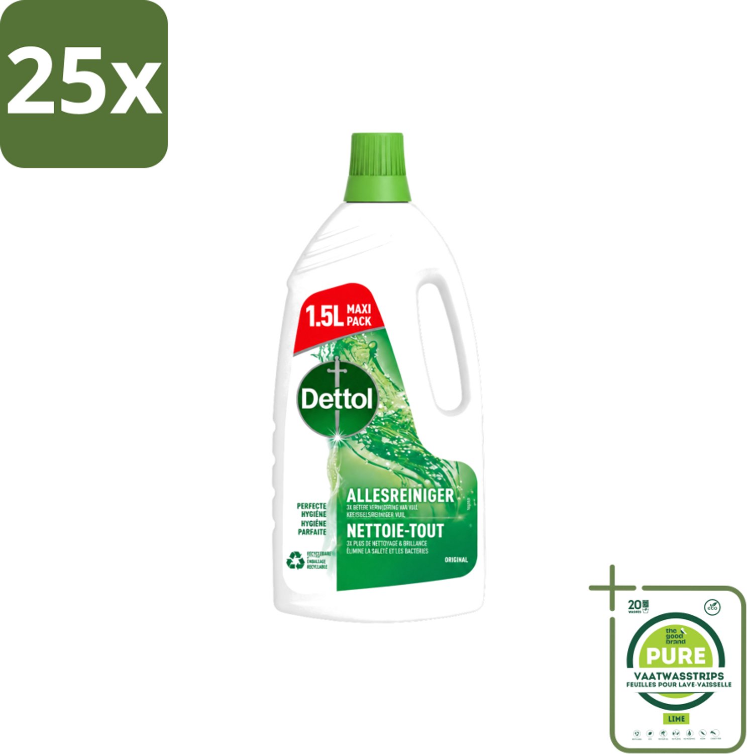 25 x Dettol Original - Allesreiniger - Perfecte Hygiëne - 1.5L - Grootverpakking - Vaatwasstrips - Allesreiniger - Hygiëne - Vet Verwijderen - Vuil Verwijderen - Geur