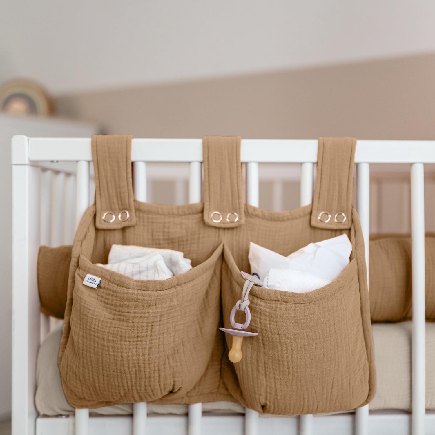 LILIMAUS Bed organizer voor kinderbed - hangend bedtasje met 2 vakken - mousseline katoen - bruin