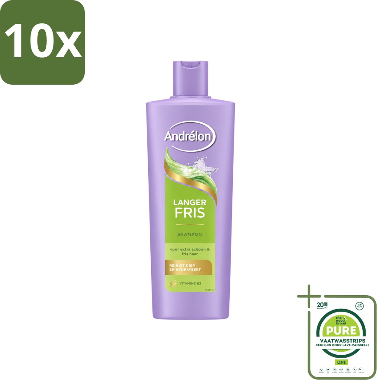 10 x Andrélon – Shampoo – Langer Fris – 400 ml - Grootverpakking - Vaatwasstrips - Luchtig Haar - Fris Haar - Vet Haar - Diepe Reiniging - Vitamine B3