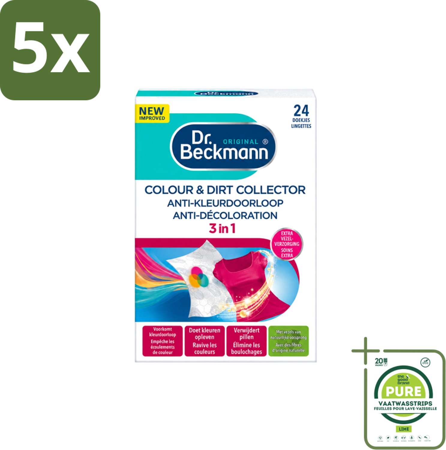 5 x Dr. Beckmann - Anti-Kleur Doorloopdoekjes - Kleurbescherming - Witte en Gekleurde Was - 24 Doekjes - Grootverpakking - Vaatwasstrips - Kleurbescherming - Wasdoek - Kleurdoorloop - Wasdoekjes - Kleurabsorptie