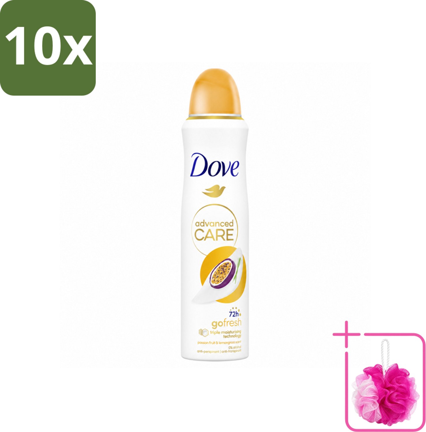 10 x Dove – Deodorant Spray – Passievrucht & Citroengras – 150 ml - Bulkverpakking - Anti-transpirant - Douchemop - Deodorant spray