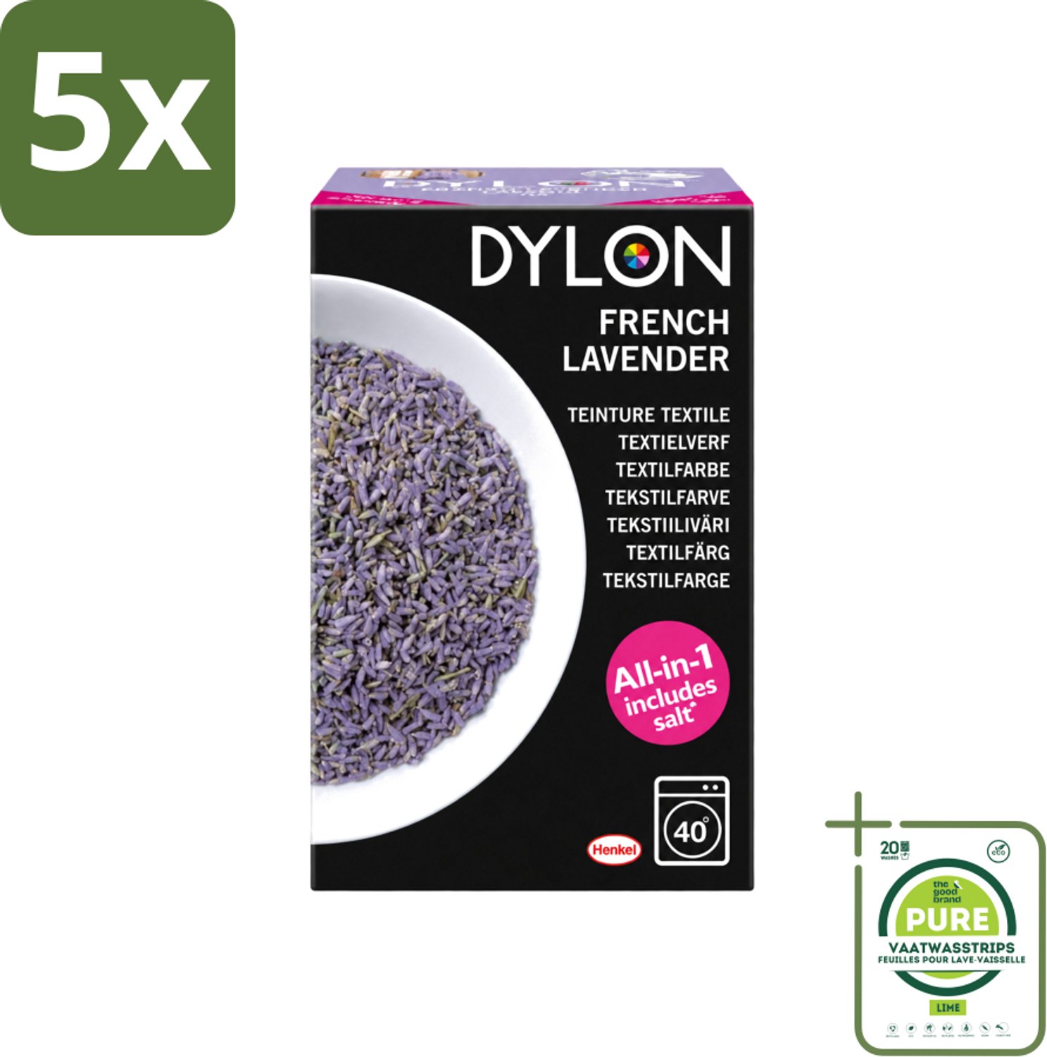 5 x Dylon - Textielverf - French Lavender - All-in-One - Inclusief Zout - 350g - Grootverpakking - Vaatwasstrips - Textielverf - Lavendelkleur - French Lavender - Zout - Stofverf
