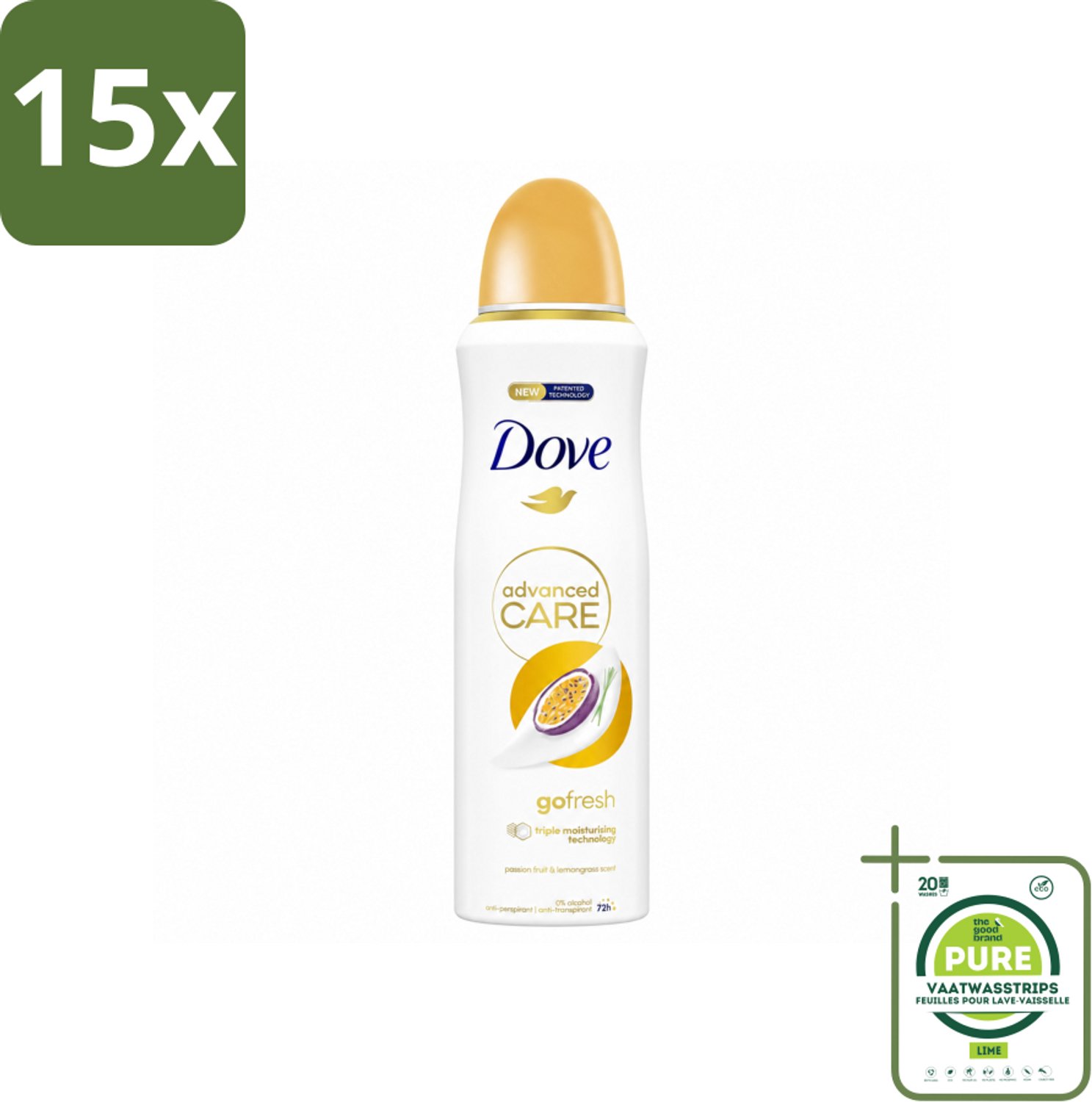 15 x Dove – Deodorant Spray – Go Fresh Passievrucht – 200 ml - Grootverpakking - Vaatwasstrips - Anti-transpirant - Deodorant Spray - Passievrucht - Zweetbestendig - Frisheid
