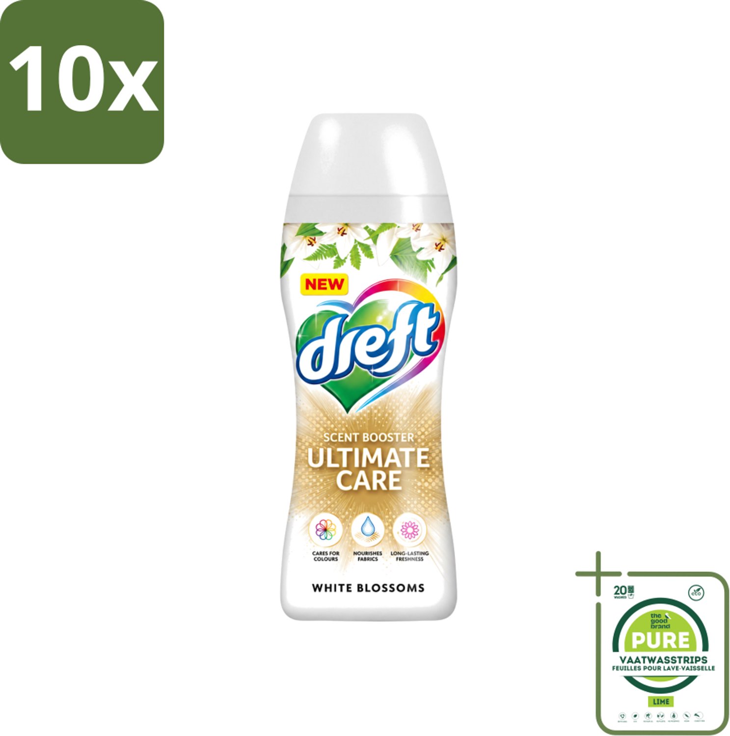 10 x Dreft - Ultimate Care - Wasverzachter - Geurbooster - Gekleurde Was - Witte Bloem - 15 Wasbeurten - Grootverpakking - Vaatwasstrips - Wasmiddel - Geurbooster - Kleurbescherming - Wasverzachter - Vezelverzorging