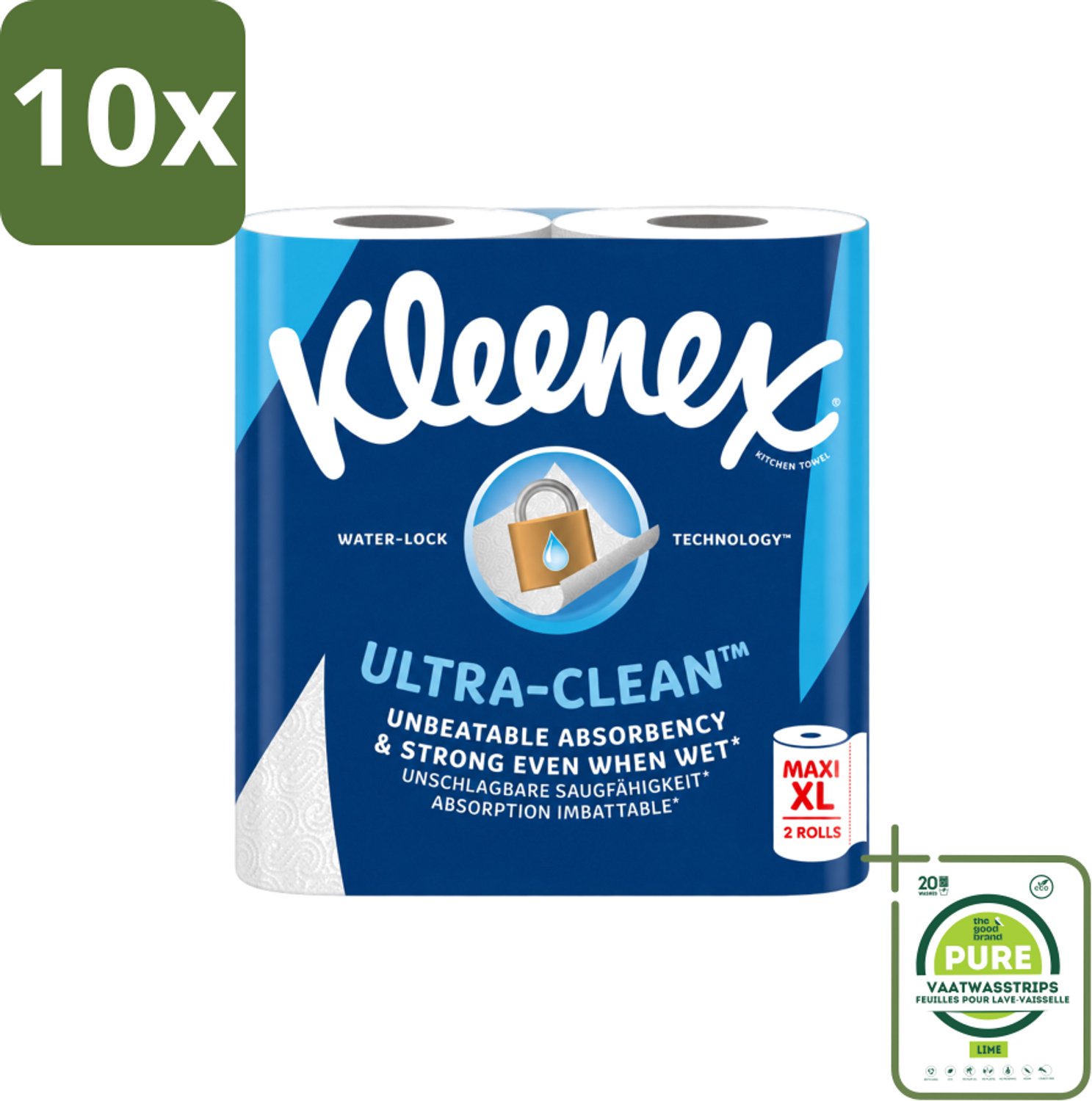 10 x Kleenex - Keukenpapier - Ultra Clean - Maxi XL - Absorberend - 2 Rollen - Grootverpakking - Vaatwasstrips - Kleenex Keukenpapier - Keukenpapier - Papier Handdoek - Absorptievermogen - Natte Omstandigheden