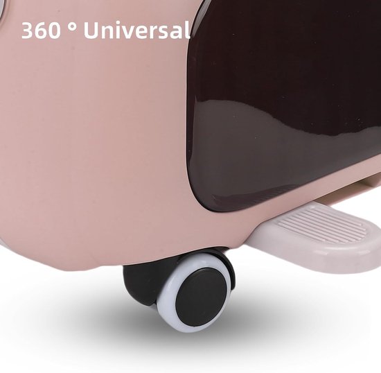 Close-up van het 360 graden wiel en voetsteun van een roze kinder koffer.
