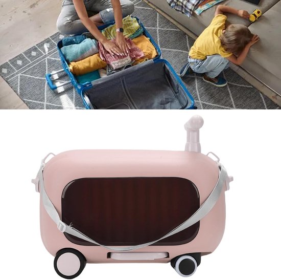 Kinderrit op Bagage, Multifunctionele Berijdbare Koffer voor Peuters met 90 Graden Opvouwbare Pedalen, Capaciteit van 25 Kg, Handbagage voor Kinderen (Rozet)