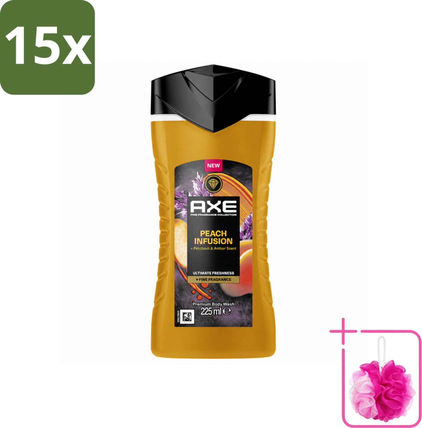 15 x Axe – Douchegel – Peach Infusion – 225 ml - Bulkverpakking - Douchegel - Douchemop - Fris ruiken