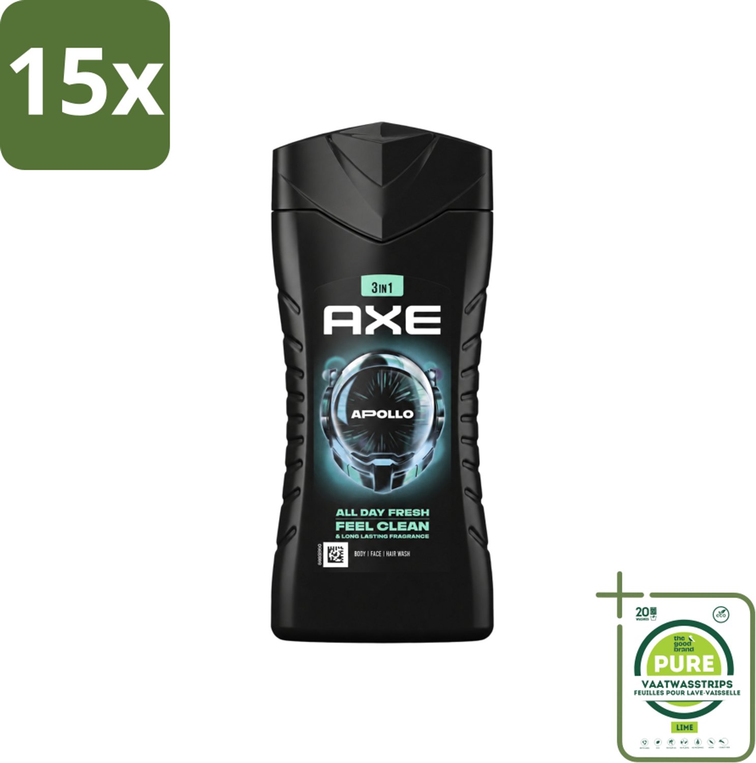 15 x Axe - 3-in-1 Douchegel - Apollo - Sage & Cedarwoord - 12hrs Long Lasting Scent - 250 ml - Grootverpakking - Vaatwasstrips - Douchegel Lichaam Gezicht Haar - Geur Salie Cederhout - 12 Uur Fris - Bacteriënverwijdering - Plantaardige Moisturizers