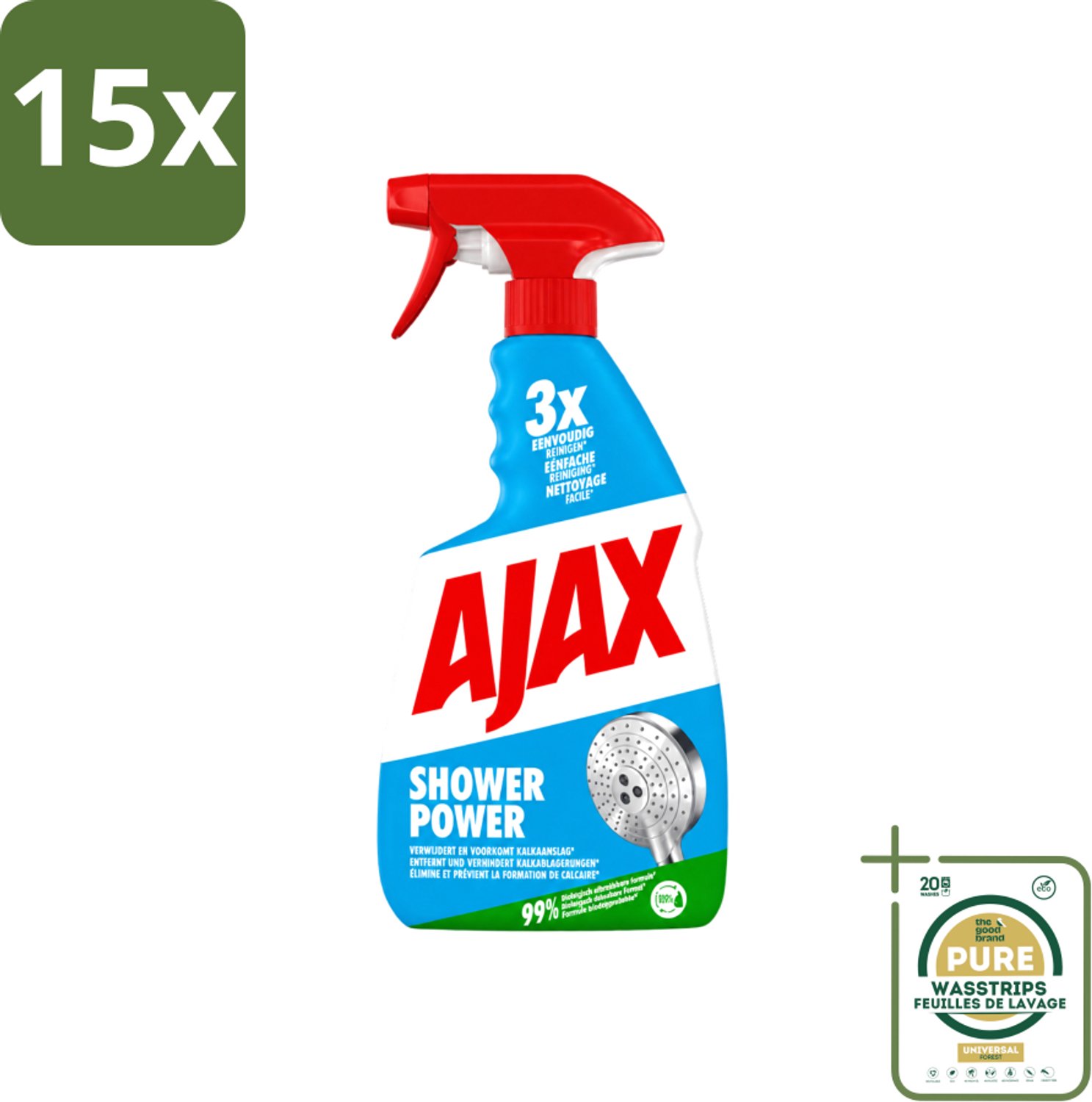 15 x Ajax – Spray – Shower Power – 750 ml - Wasstrips - Badkamer Reinigen - Kalkaanslag Verwijderen - Zeepresten Verwijderen - Douchewand Reinigen - Badkuip Reinigen