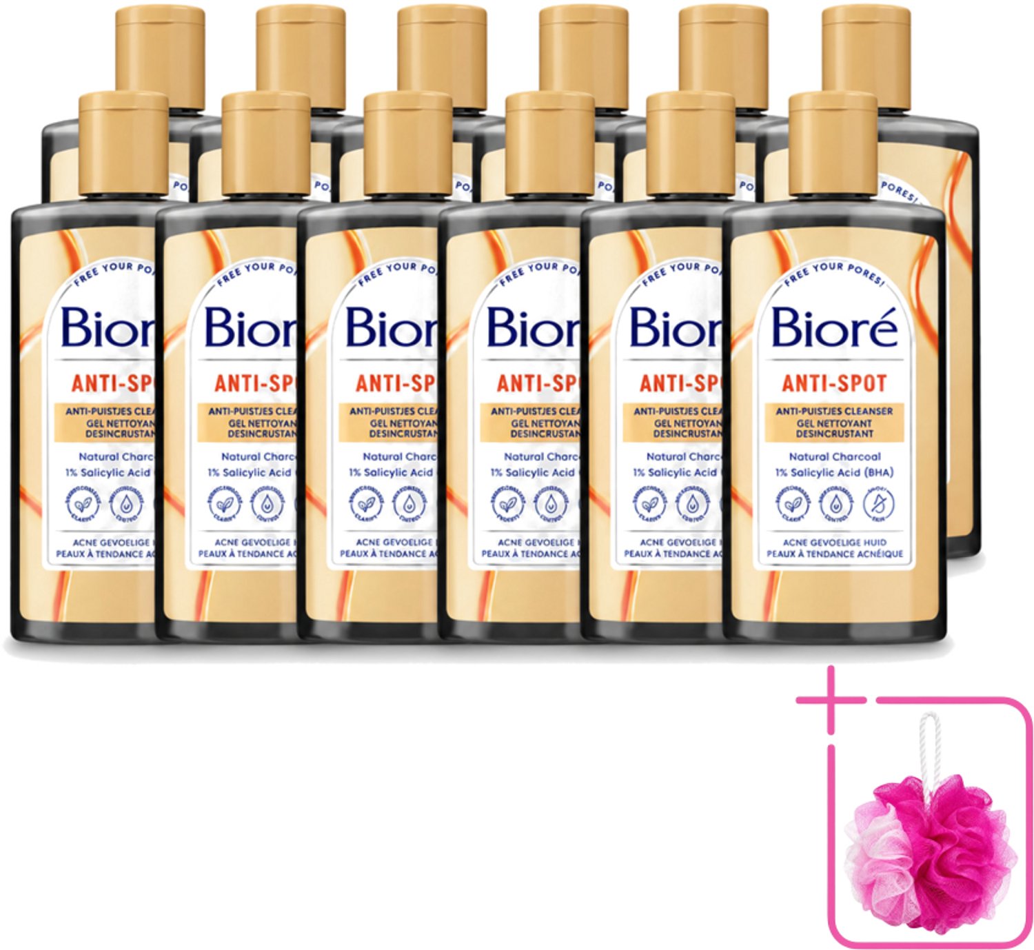 12 x Bioré – Houtskool Anti-Puistjes Reinigingsgel – Gezichtsreiniger – 200 ml - Bulkverpakking - Houtskool reinigingsgel - Douchemop - Puistjes voorkomen