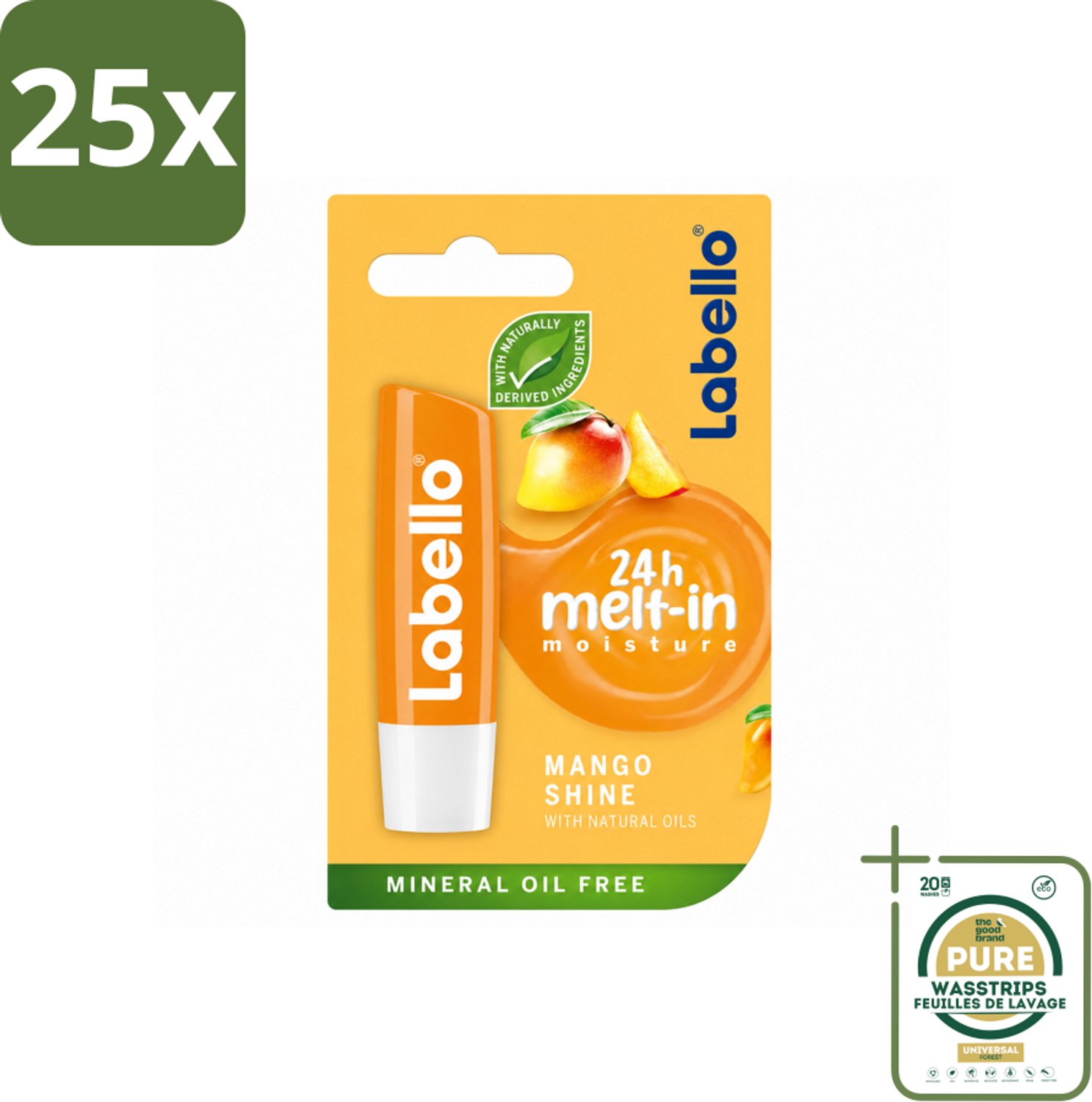 25 x Labello – Lippenbalsem -- Mango Shine – 4,8 g - Wasstrips - Lippenbalsem - Mango Shine - Hydratatie - Glans - Fruitige Geur