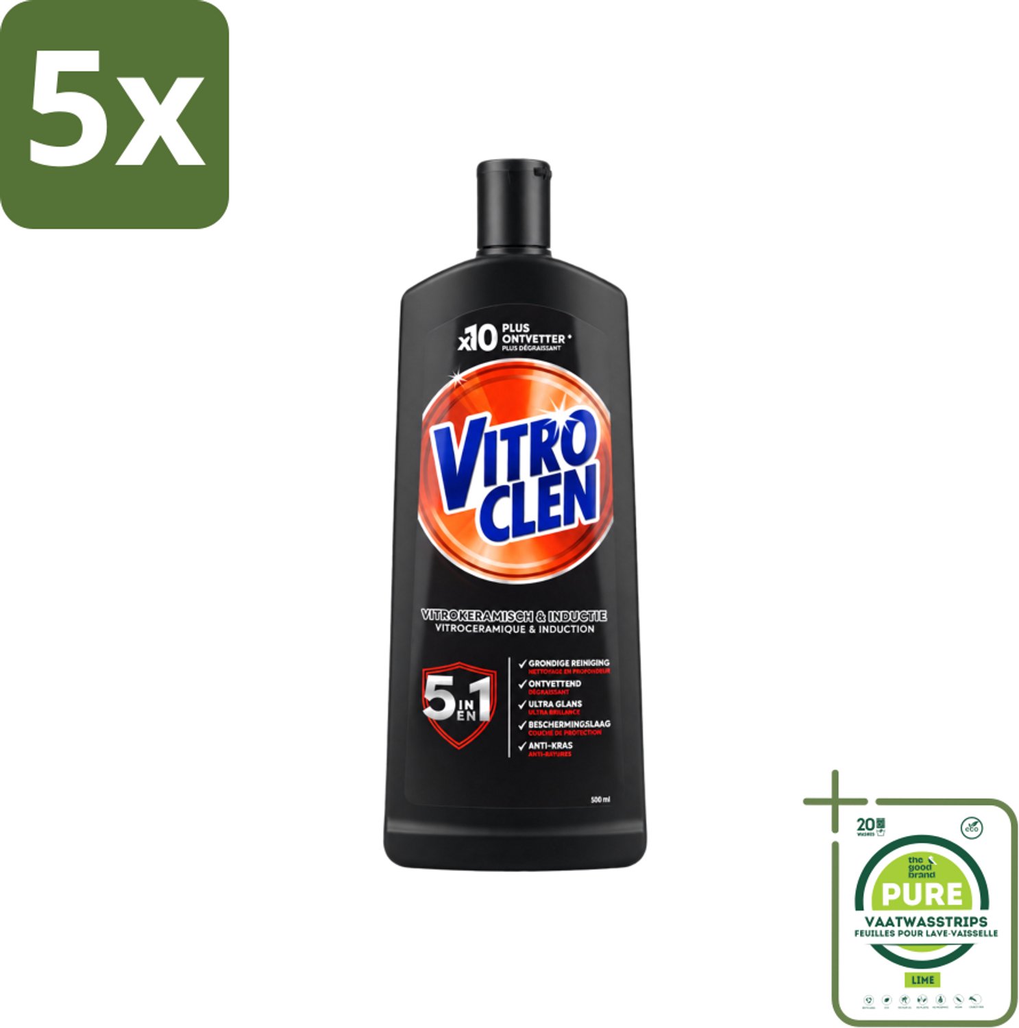 5 x Vitroclen - Kookplaatreiniger - Keramisch & Inductie - 5 in 1 - 500 ml - Grootverpakking - Vaatwasstrips - Keramische Kookplaat Reinigen - Inductiekookplaat Reinigen - Kookplaat Reiniger - Kookplaat Beschermen - Vlekken Verwijderen