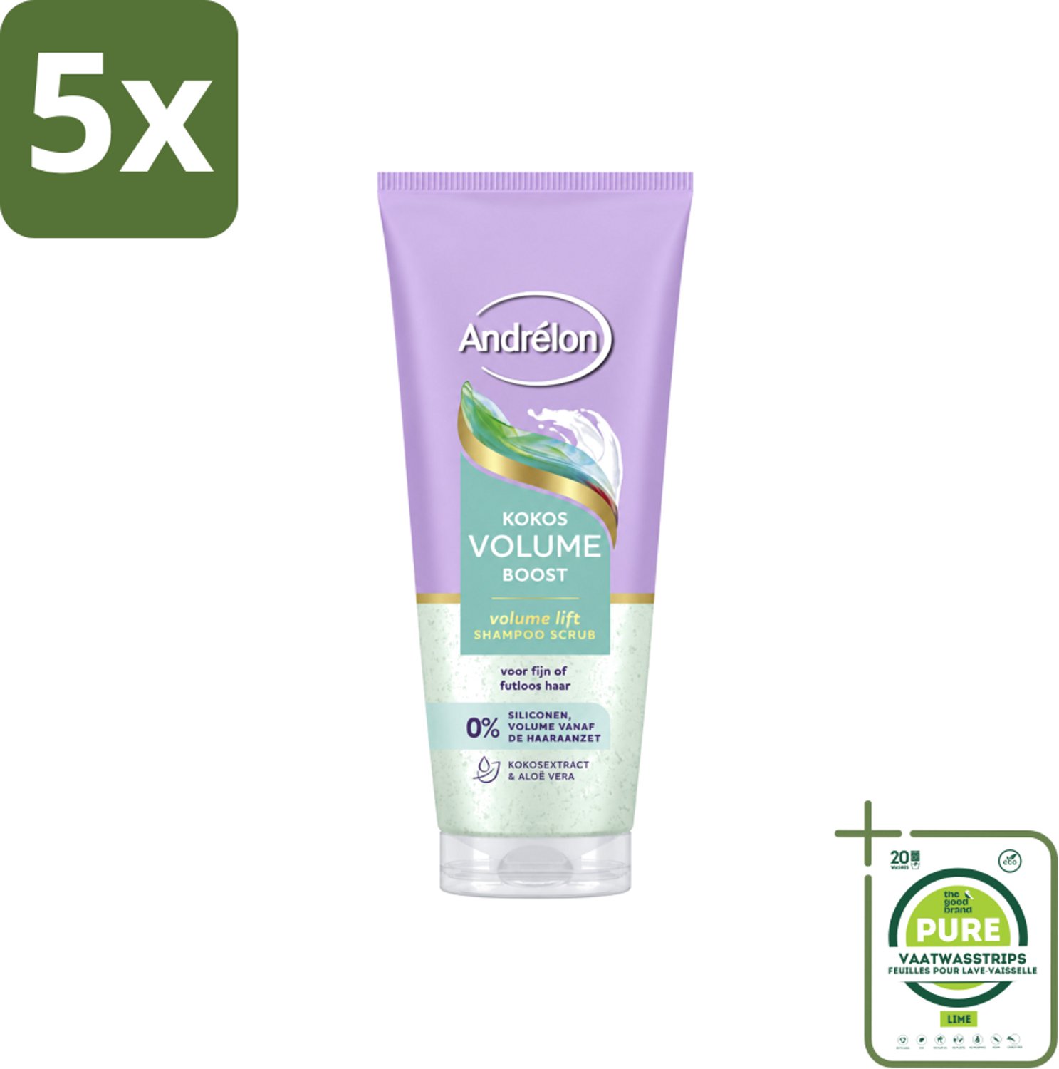5 x Andrélon – Shampoo Scrub – Kokos Volume Boost – 200 ml - Grootverpakking - Vaatwasstrips - Haarkleur - Haartype - Haargewicht - Haartype - Haartype