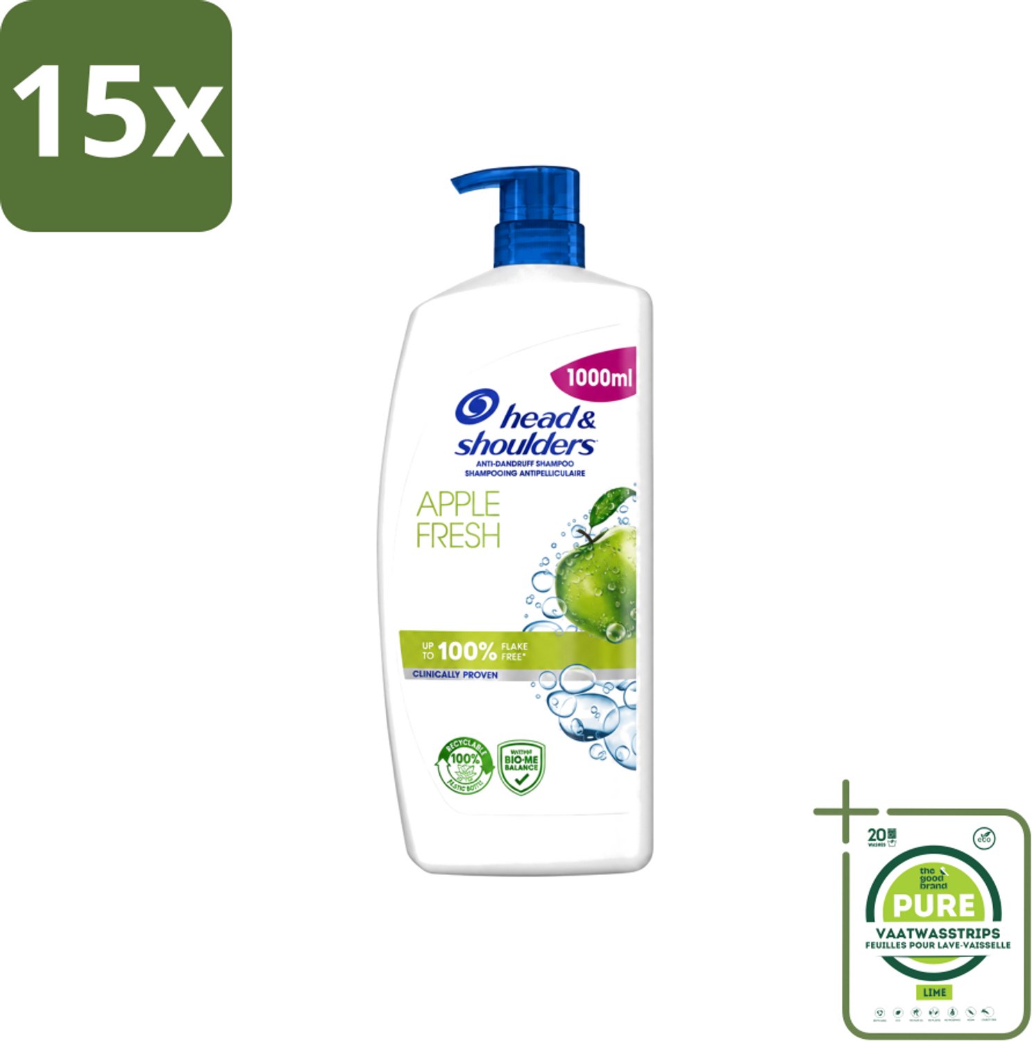 15 x Head & Shoulders - Anti-Roos Shampoo - Apple Fresh - Pompflacon - 1000 ml - Grootverpakking - Vaatwasstrips - Roosvrij Haar - Anti-roos Shampoo - Hoofdhuid Verzorging - Appelgeur Shampoo - Microbiome Balans