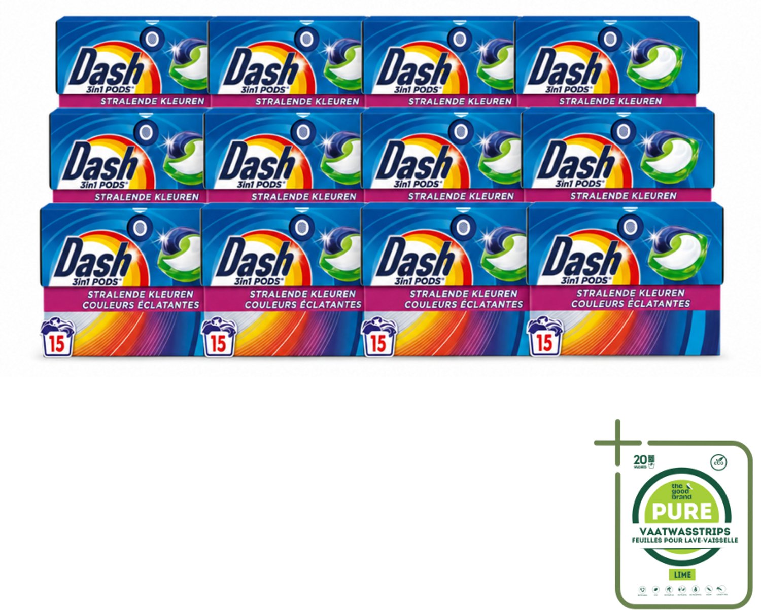 12 x Dash – Wasmiddelcapsules – 3in1 Pods Stralende Kleuren – 15 capsules - Grootverpakking - Vaatwasstrips - Wasmiddel - Kleuren Behouden - Vlekken Verwijderen - Frisheid - Wasbeurt