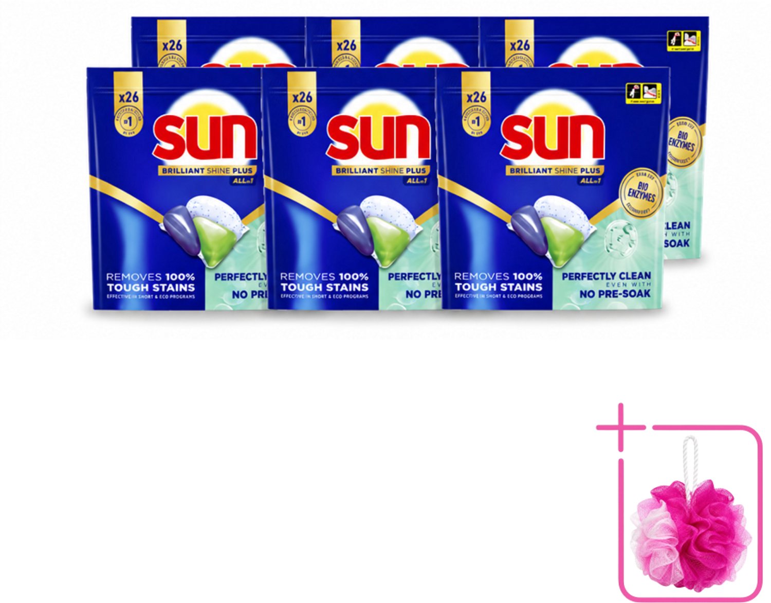 6 x Sun – Vaatwascapsules – Brilliant Shine+ All-in-1 - 26 capsules - Bulkverpakking - Vaatwasmiddel - Douchemop - Vaatwascapsules