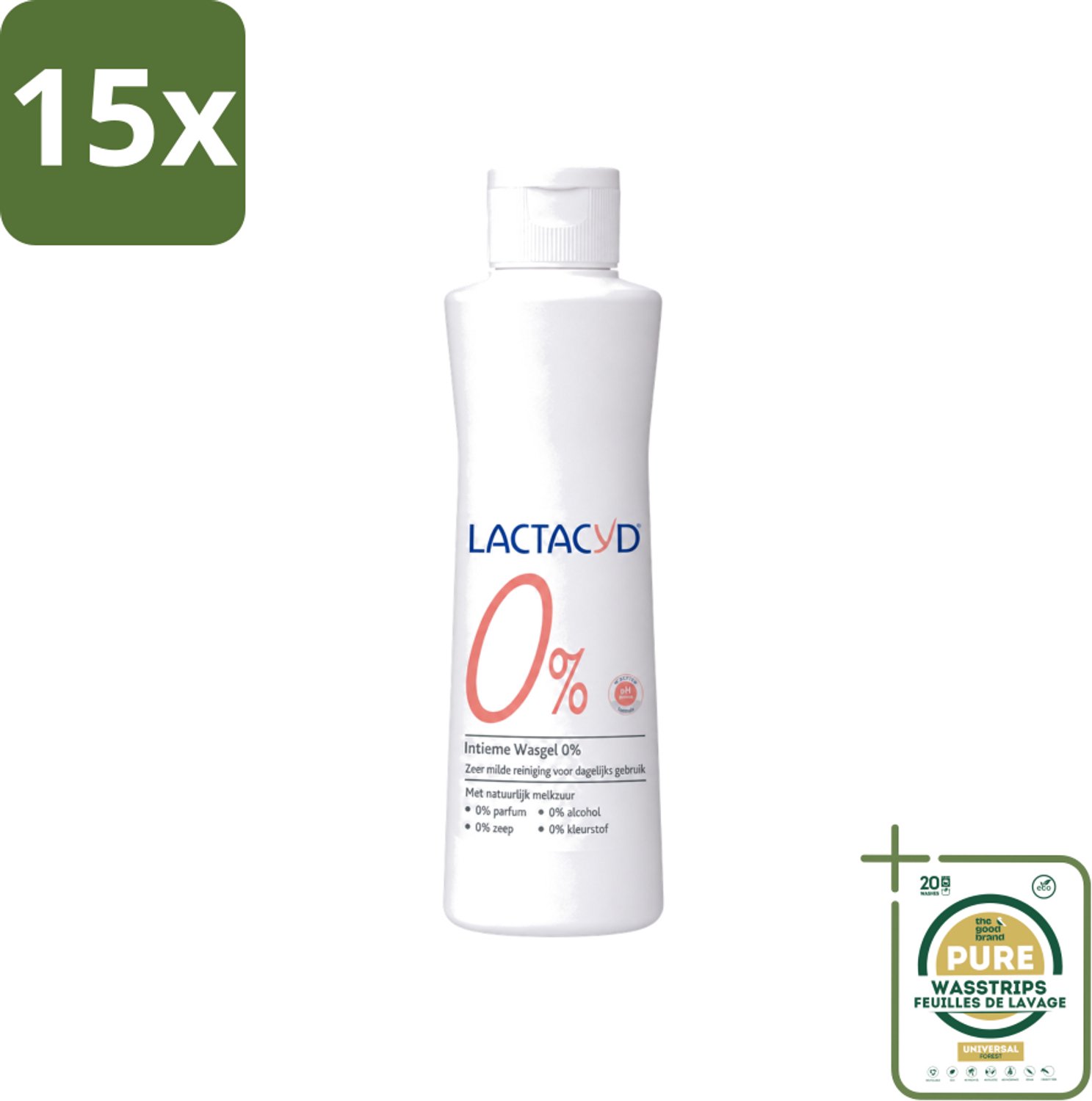 15 x Lactacyd – 0% – Milde Wasgel – 250 ml - Wasstrips - Intieme Wasgel - Gevoelige Huid - PH-vriendelijk - Zeepvrij - 0% Parfum