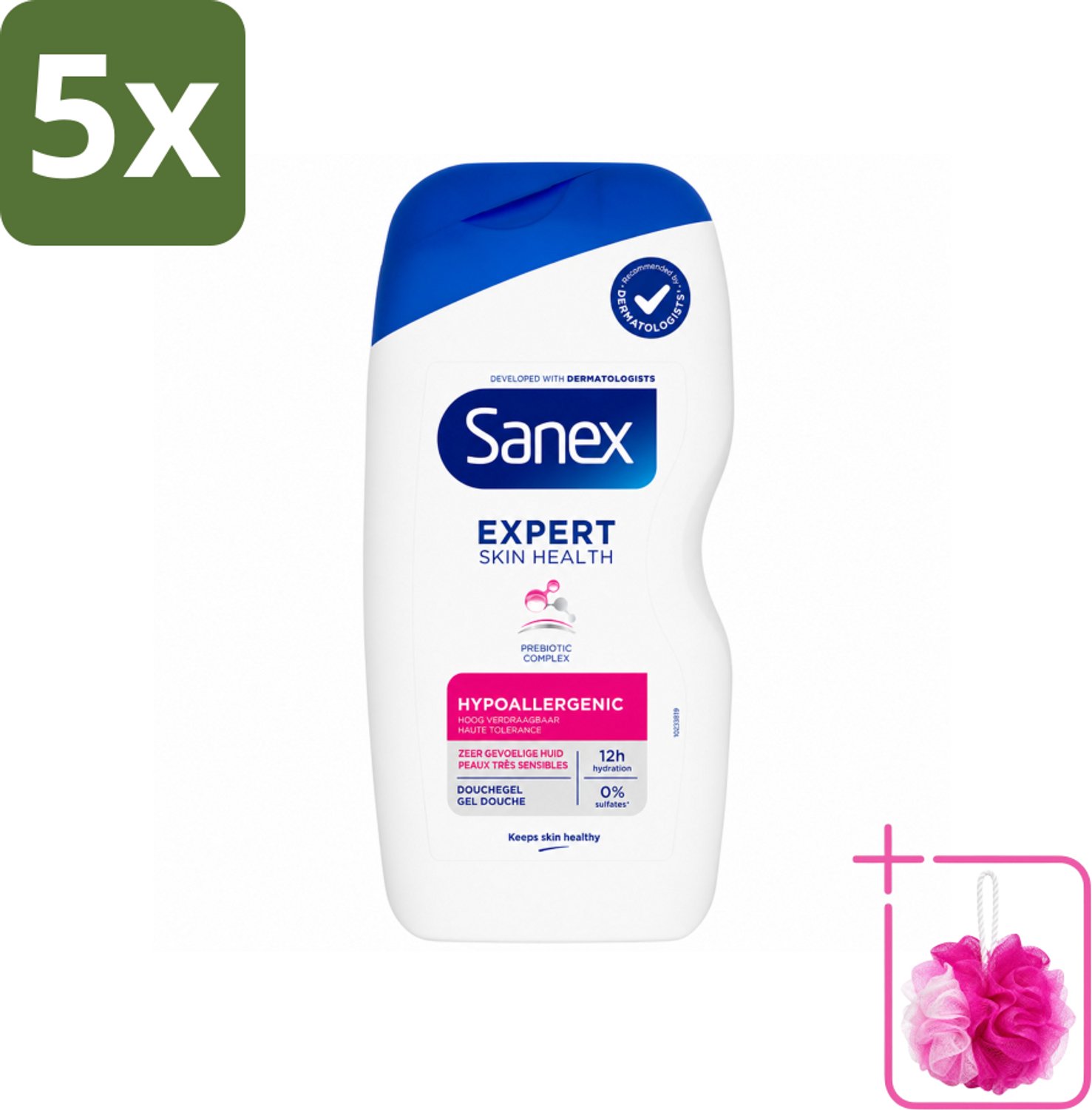 5 x Sanex – Douchegel – Expert Skin Health Hypoallergeen – 400 ml - Bulkverpakking - Gevoelige huid - Douchemop - Hypoallergenisch